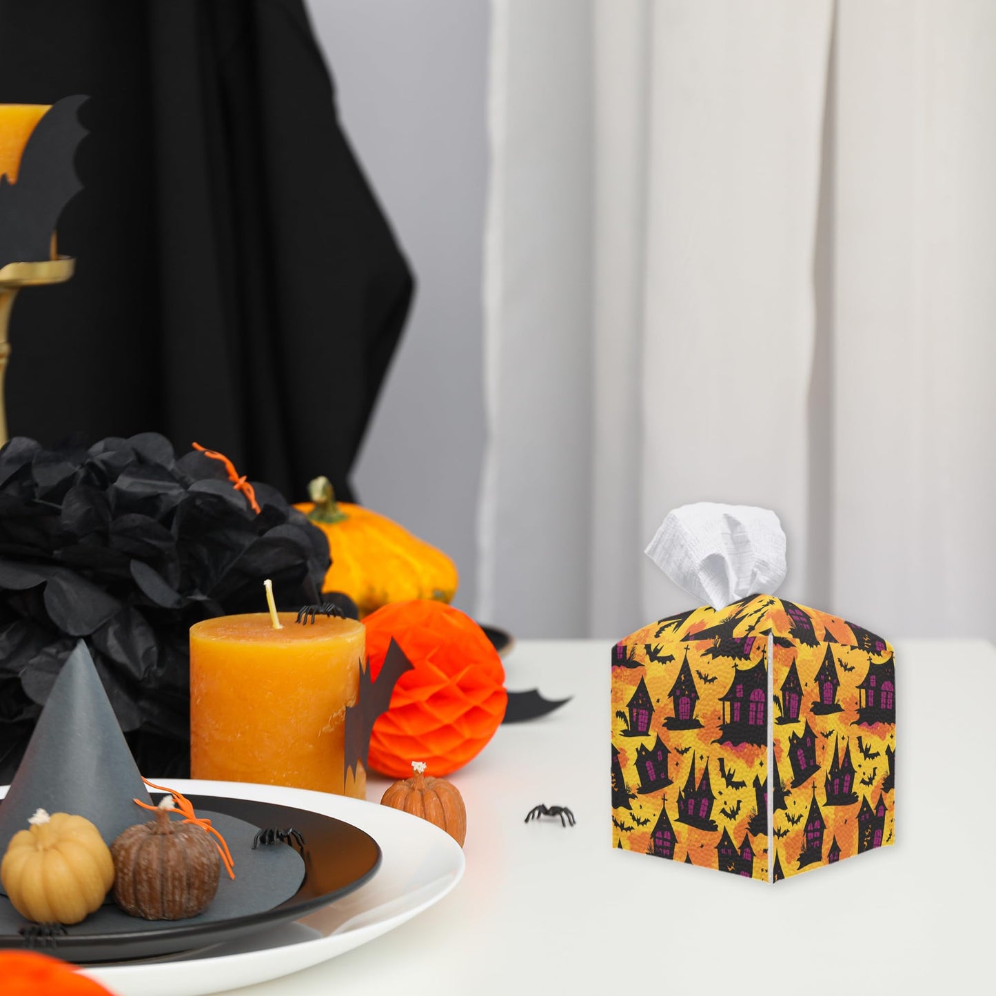 Spooky Tissue Box Cover Square - Ghosts & Bats Tissue Box Holder - Halloween Pumpkin Facial Paper Organizer Dispenser for Home Car Bathroom Office Bedroom Desk Tabletop Supplies & Decor - A11 BST220