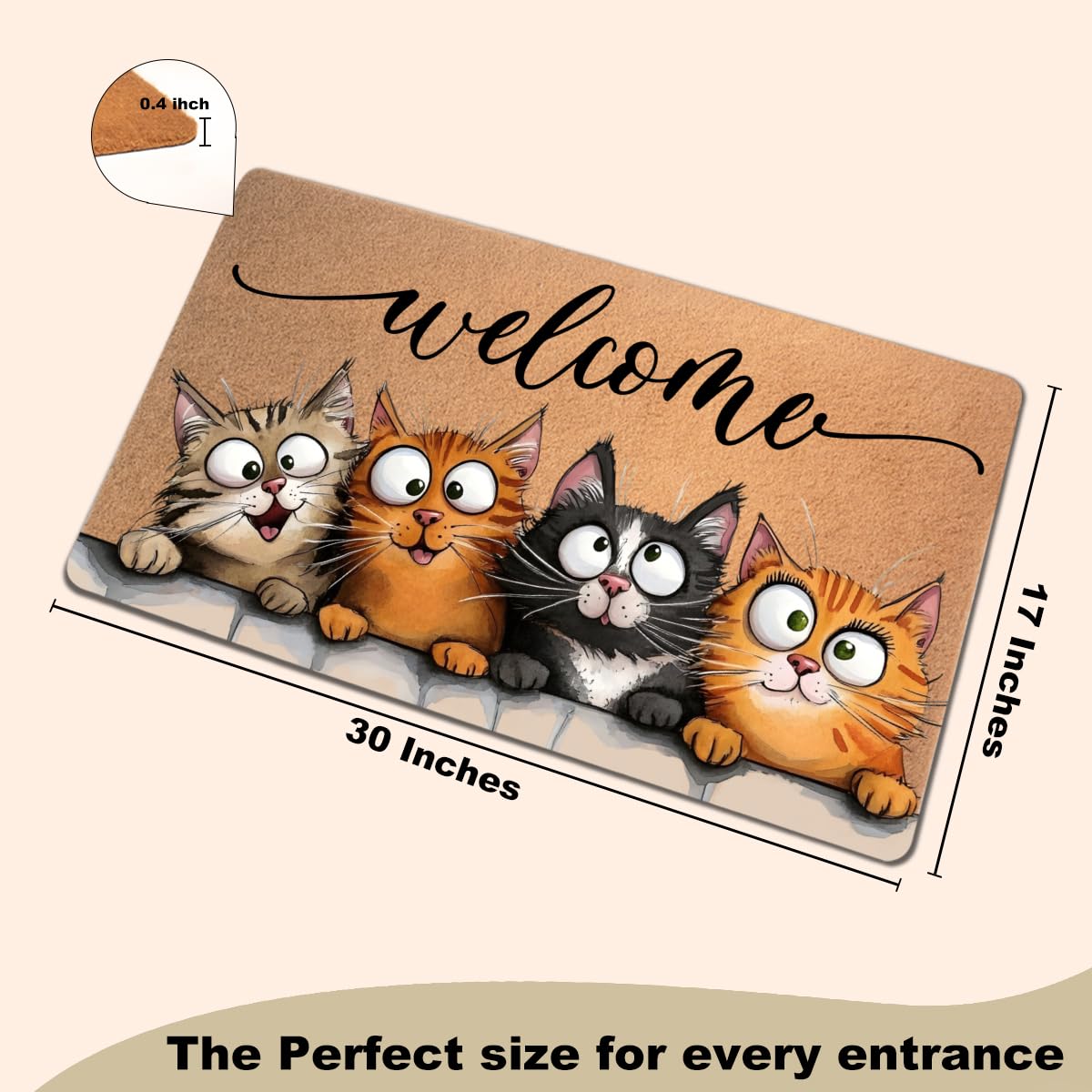 Funny Cat Door Mat 18x30 Inch, Faux Coco Coir Doormat with Non-Slip PVC Backing, Cats Printed Welcome Mat for Outdoor Indoor Entryway Porch Home Kitchen Patio, Cat Lover Gifts for Women Mom BST202