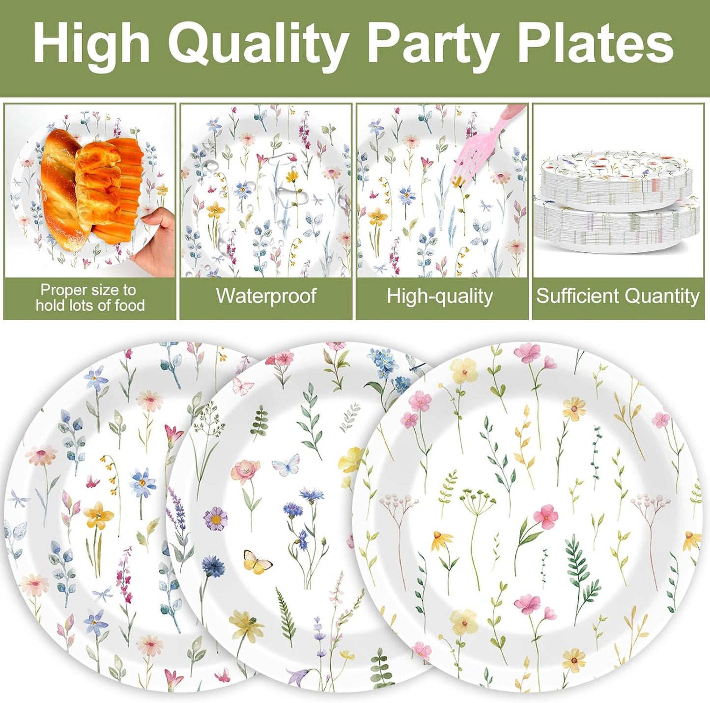 96Pcs Wildflower Party Supplies Floral Themed Paper Plates Napkins Wildflower Butterfly Tableware Disposable Dinnerware Decoration Set for Girls Birthday Wedding Bridal Baby Shower Party Table Decor BST202