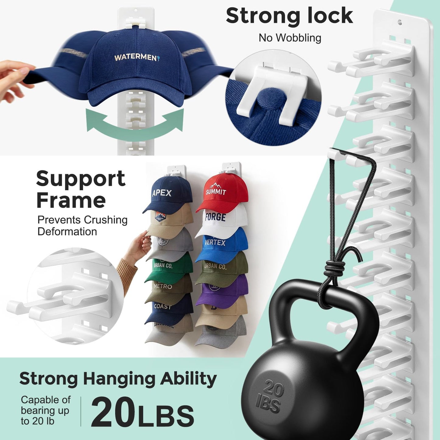 Hat Hook for Wall, 2 Pack Hat Organizer Hold up to 20 Hats,Hat Holder with Strong Adhesive and 8 Pack Screws, Cap Holder Hat Hangers for Wall Closet Door and Bedroom(B-Black) BST220