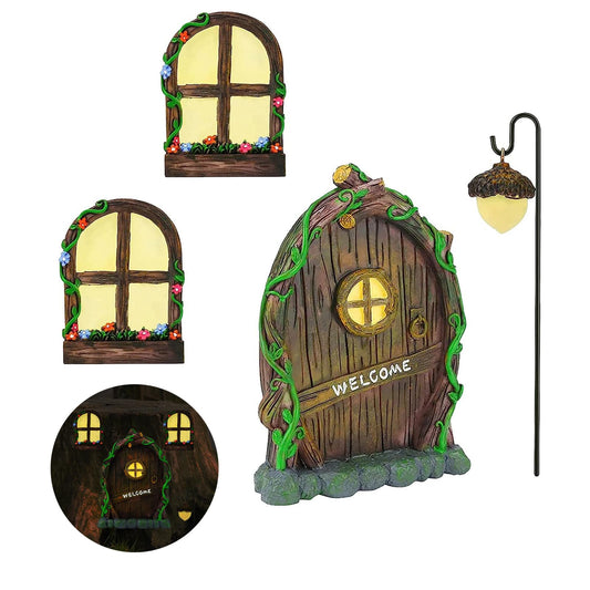 Fairy Door and Windows for Trees Outdoor, Glow in The Dark Fairy Doors Miniature Fairy Garden Accessories, Yard Art Sculpture Decoration Fairy Garden Decor with Lantern for Outside, Patio