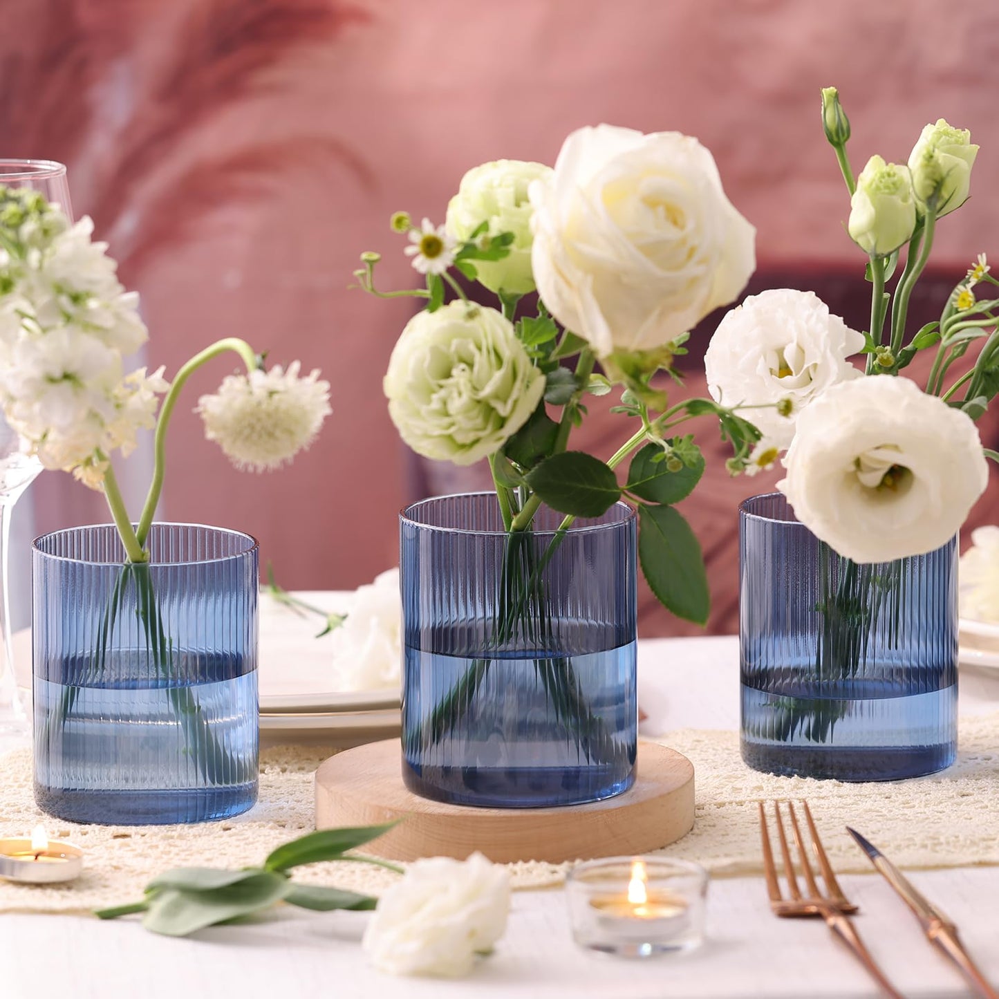 Glass Ribbed Cylinder Vases, 8 Inch Tall, Clear, Pack of 3 | Flower Vases in Bulk, Hurricane Floating Candle Vases, For Party Home Decor BST326H