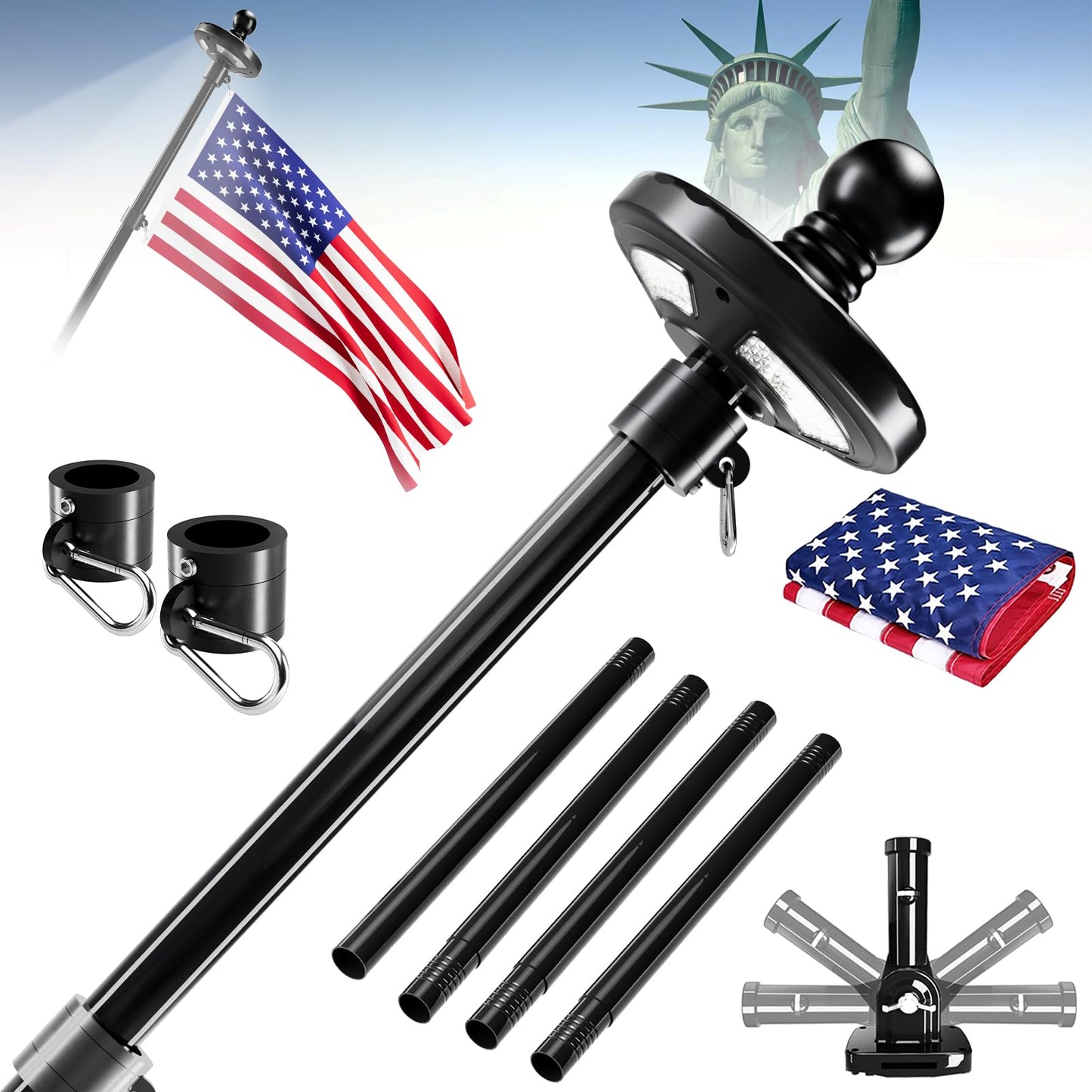 Sprookber 5ft Solar Light Flag Pole kit with American Flag – 180°Adjustable Bracket and Tangle Free Rings, Stainless Steel FlagPoles for Outside House, Residential or Commercial use, Silver WN420