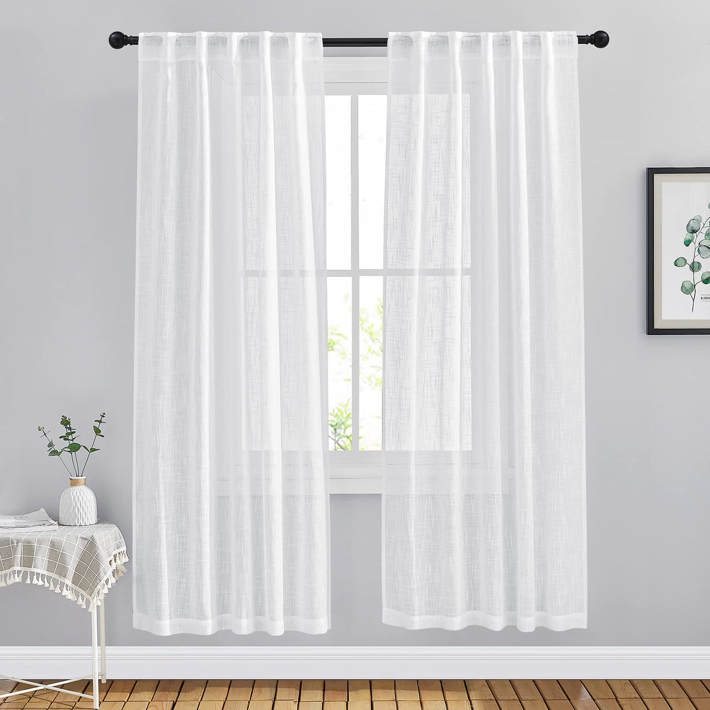 NICETOWN White Semi Sheer Kitchen Curtains 30 inch Length, Rod Pocket & Back Tab Faux Linen Blend Privacy with Light Filtering Window Drapes for Cafe, W34 x L30, 2 Panels BST220