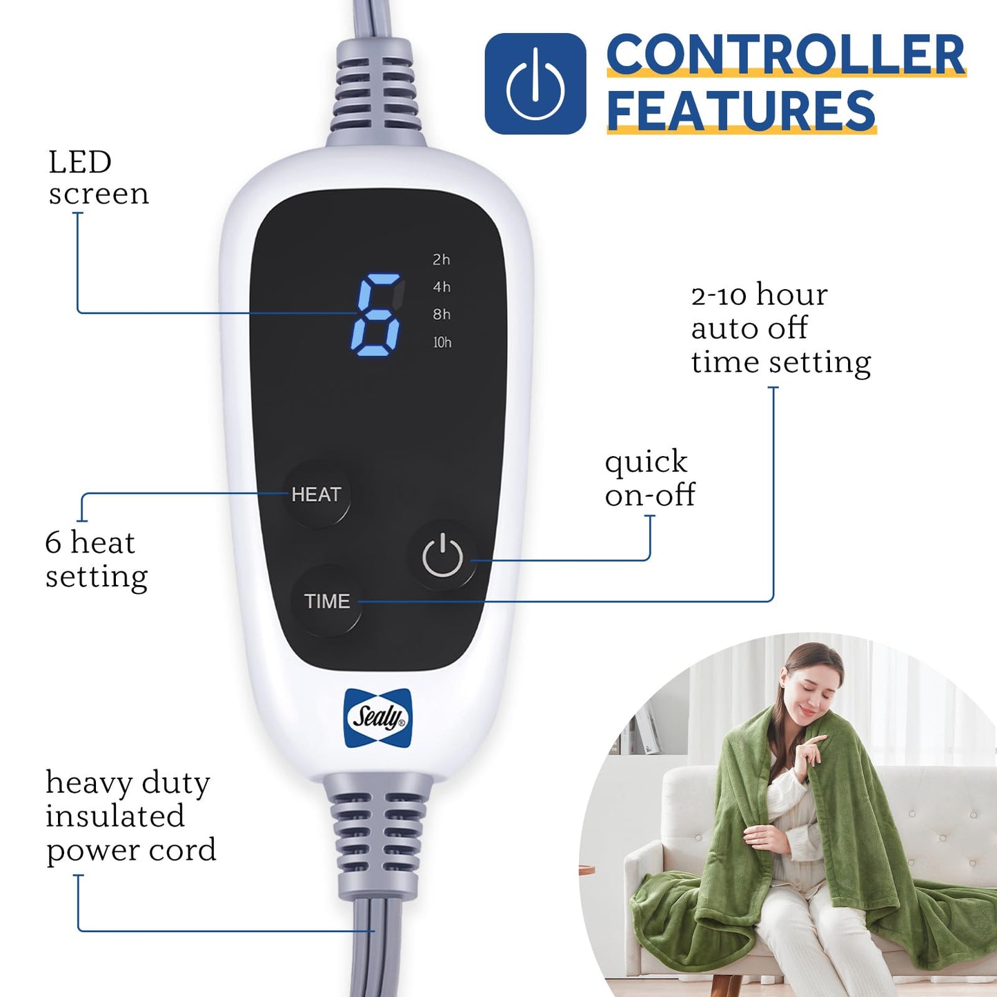 Sealy Heated Electric Blanket Queen Size, Flannel Electric Blanket with 10 Heating Levels & 1-12 Hours Auto Shut Off, Fast Heating Warming Blanket, Machine Washable, Grey, 84 x 90 Inch