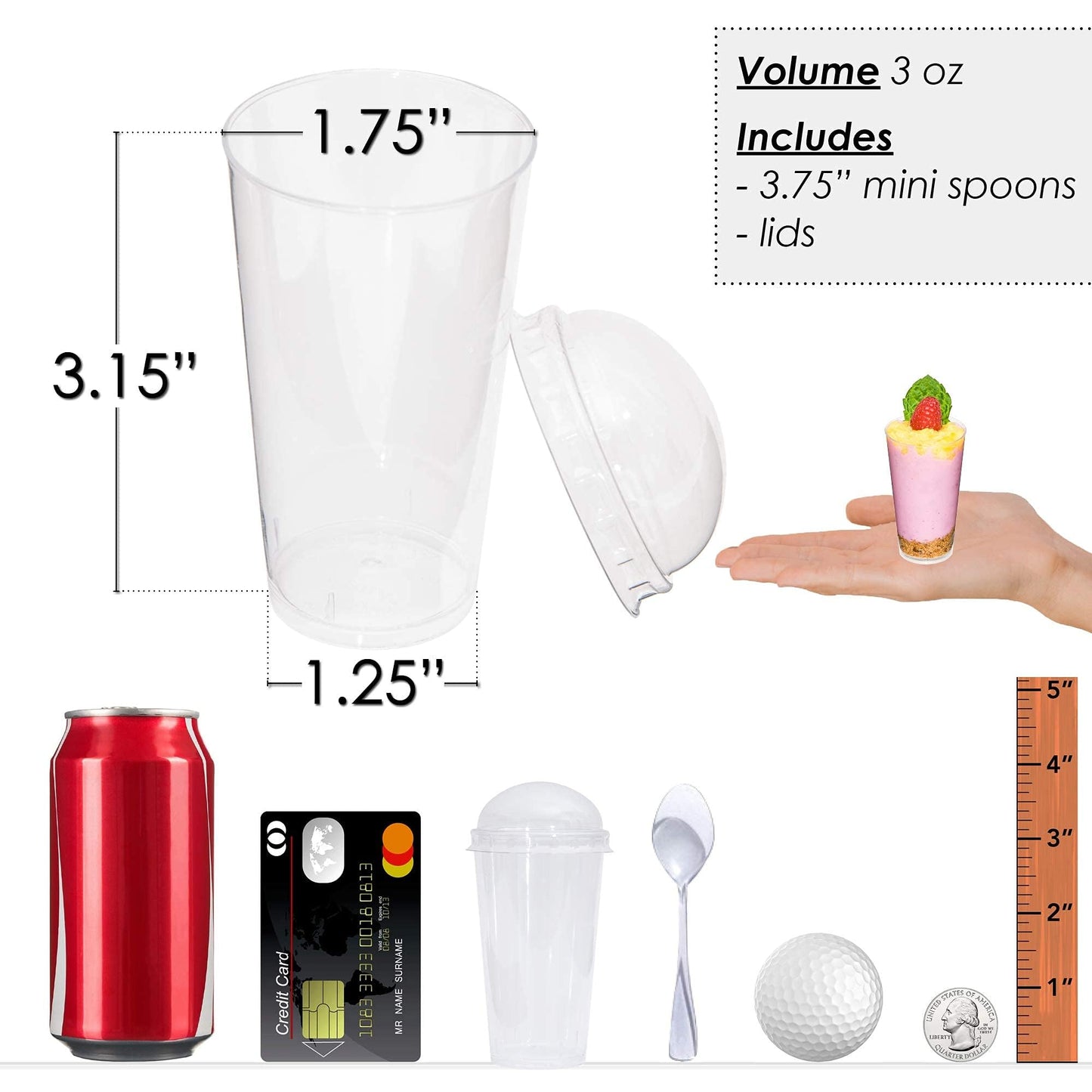 DLux 100 x 3 oz Mini Dessert Cups with Spoons, Shooter - Clear Plastic Parfait Appetizer Cup - Small Reusable Shooter Glass for Tasting Party Shooters Desserts Appetizers - With Recipe Ebook BST220
