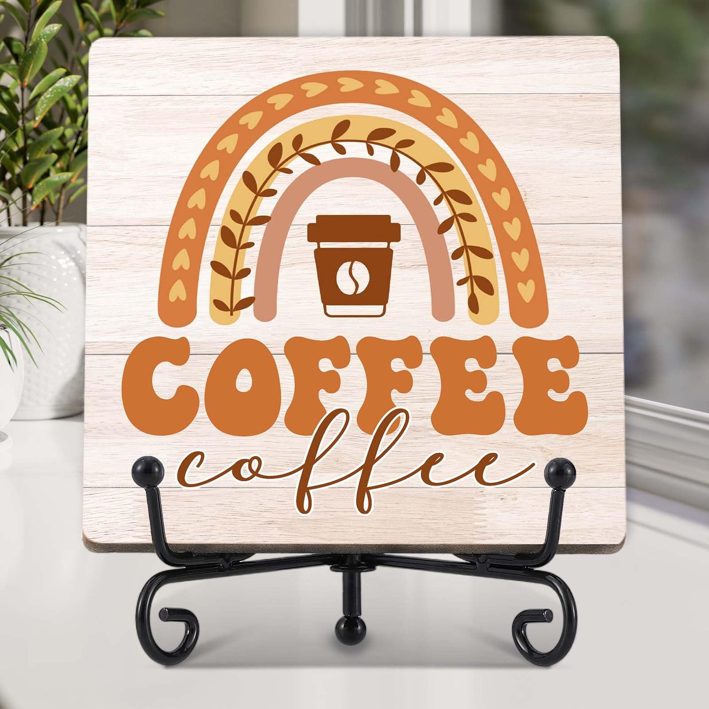 Coffee Bar Decor, Farmhouse Kitchen Table Decor, Coffee Station Accessories, Wooden Decorative Sign with Iron Stand for Table Desk Shelf Display-E21 BST220