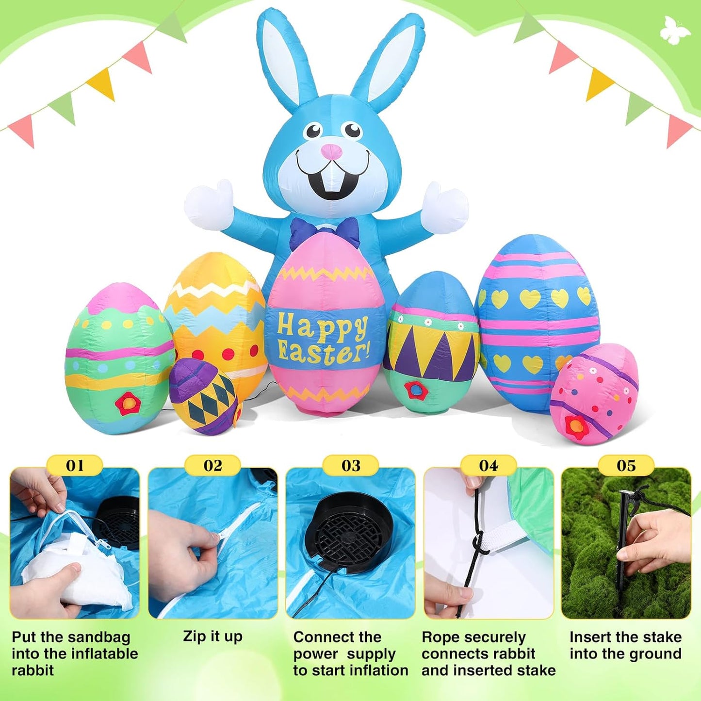 Skylety 7 Pack 8ft Long Easter Inflatables Outdoor Decorations Blow up Bunny and Eggs with Built-in LED Lights Happy Easter Yard Decoration for Outside Cute Spring Home Lawn Garden Hunt Party