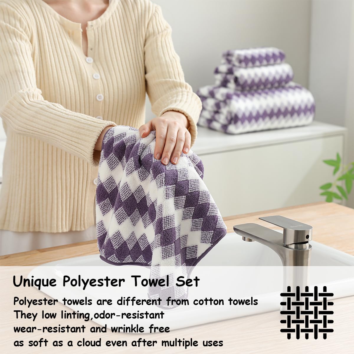 12 Pcs Light Gray Diamond Towel Set-4 Bath Towels,4 Hand Towels,4 Washcloths Soft Polyester Towels with Loop Absorbent Shower Towel Quick Dry Beach Chair Towel Family Towels for Bathroom Spa Gym Pool BST220