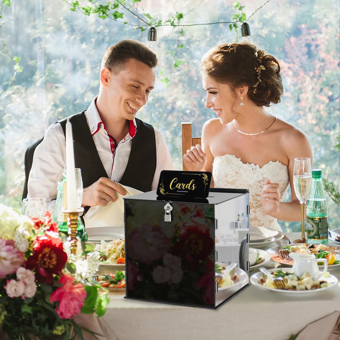Fowecelt Acrylic Wedding Card Box with Lock Black Card Box DIY Large Rustic Card Box for Wedding Reception Bridal Shower Birthday Baby Shower Party Graduation Decorations (10x10x10 Inch) BST326H