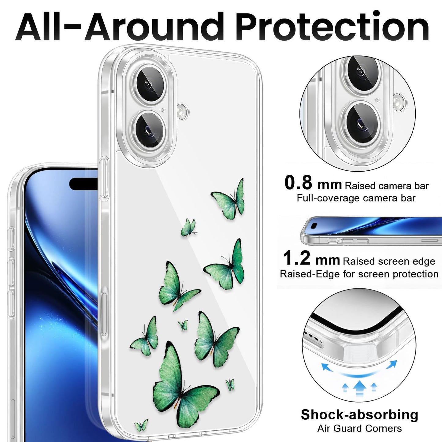 Cute Girly Crystal Clear Case Compatible with iPhone 16 Pro, Camera Control & Shockproof Protection Floral Case for Women, Blue Butterflies WN420