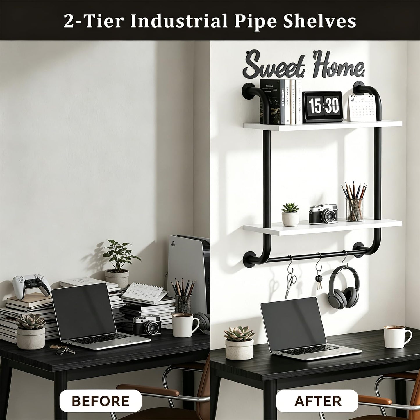 Tinpin Bathroom Shelves Wall Mounted, Rustic Farmhouse Pipe Shelves, Walls Shelf 3-Tier, Industrial Pipe Shelving, Floating Shelf Wall Decor for Bathroom, Kitchen, Bedroom, Living Room 17.3in Black DD1210