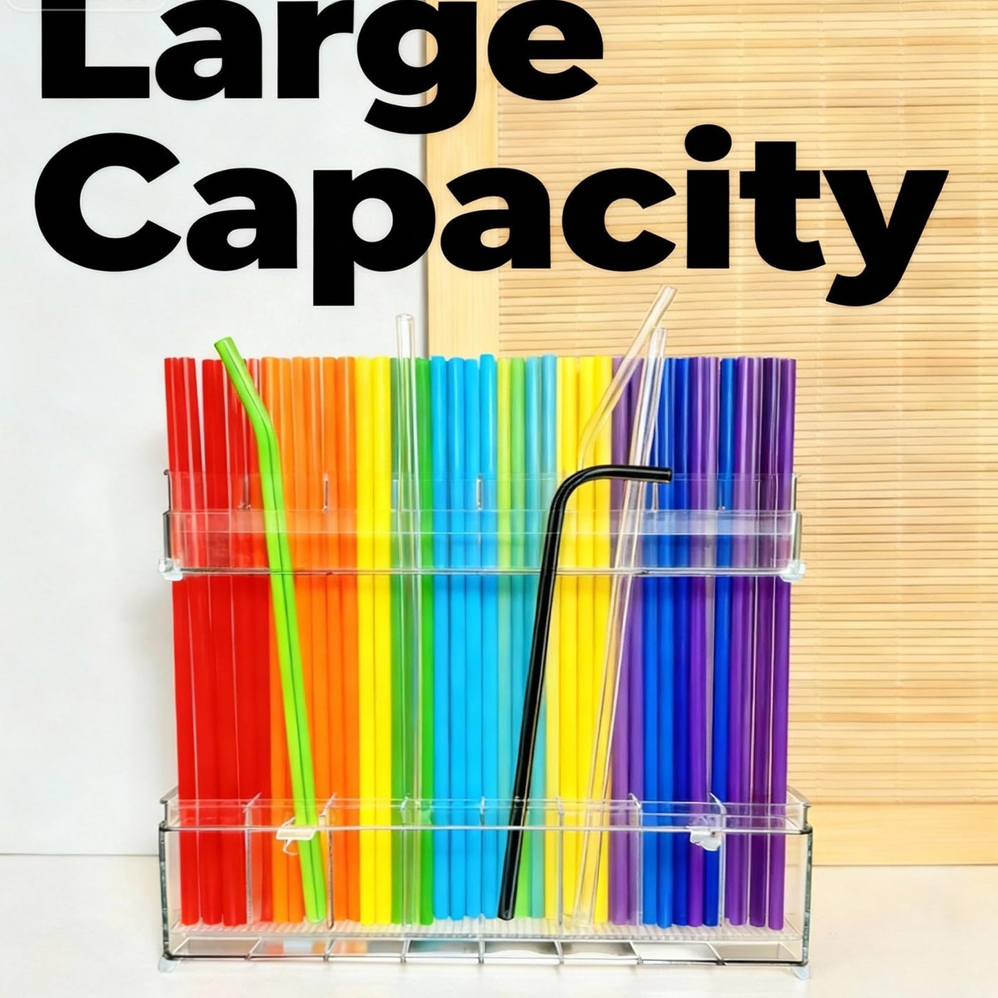 9.8 inch double-layer removable and washable Large Acrylic Cabinet Straw Holder Organizer with Traceless Nano Adhesive – Space-Saving Storage Rack for Cabinet Door, Clear Black Straw Cabinet Holder BST202