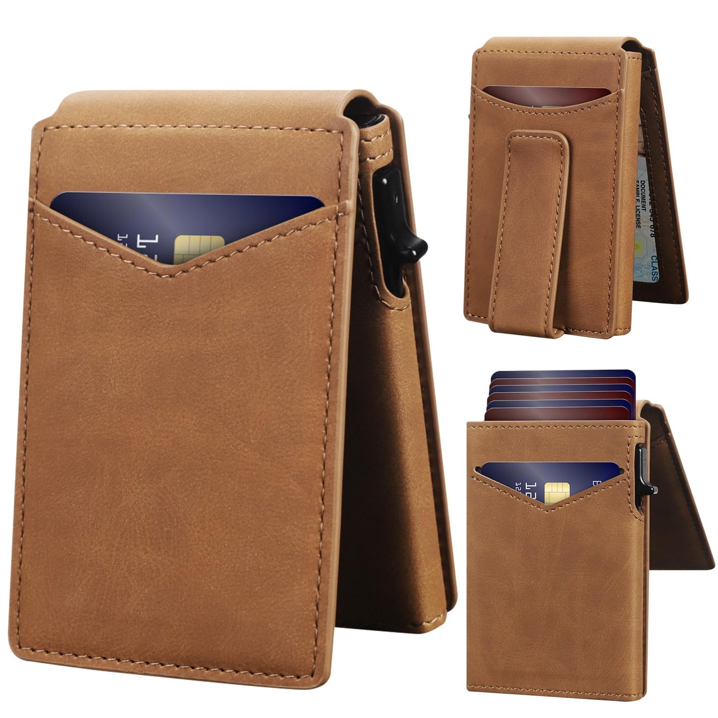 Wallet for Men RFID Blocking Card Holder, Genuine Leather Slim Pop up Card Case, Minimaslit, Front Pocket, 9-13 Card Capacity, ID Window, Money Clip(Carbon) BST220