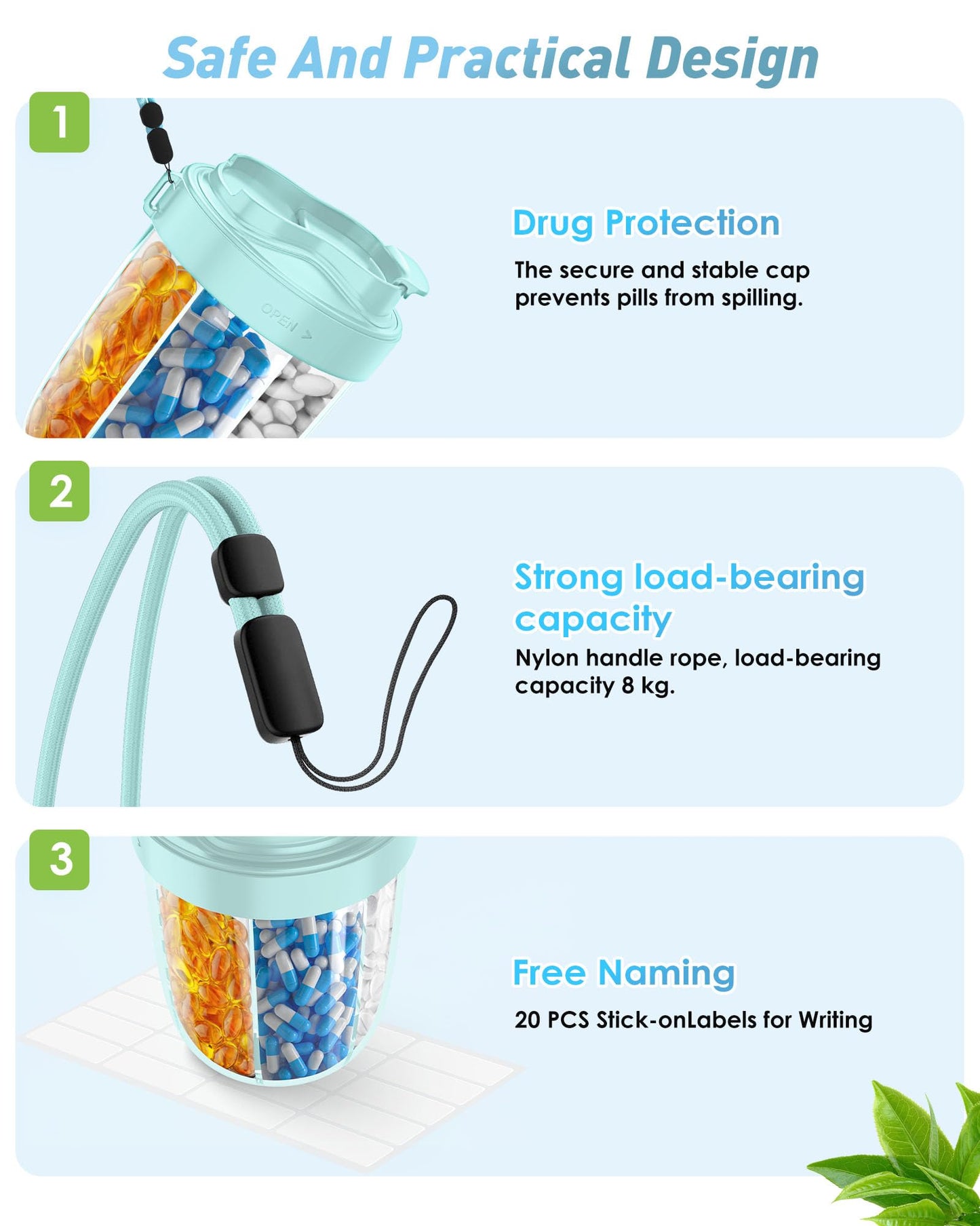 Pill Dispenser with 7 Large Compartments - Portable Pill Organizer for Travel, Anti-Mix Design & Wide Opening Design, Easy Access to Vitamin Dispenser, Includes 20 Blank Stickers (White) WN420