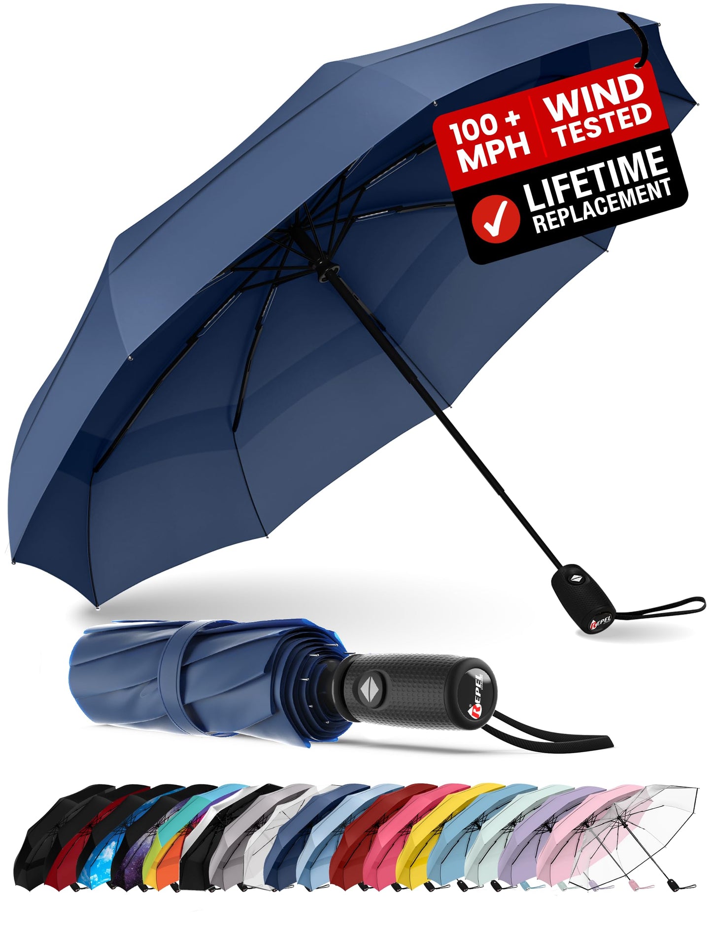 Repel Windproof Travel Umbrella - Compact & Withstands Winds up to 100MPH , Strongest Premium Auto Folding Umbrella for Rain and Sun - Durable, Light & Portable for Women & Men , Fits Backpack & Cars