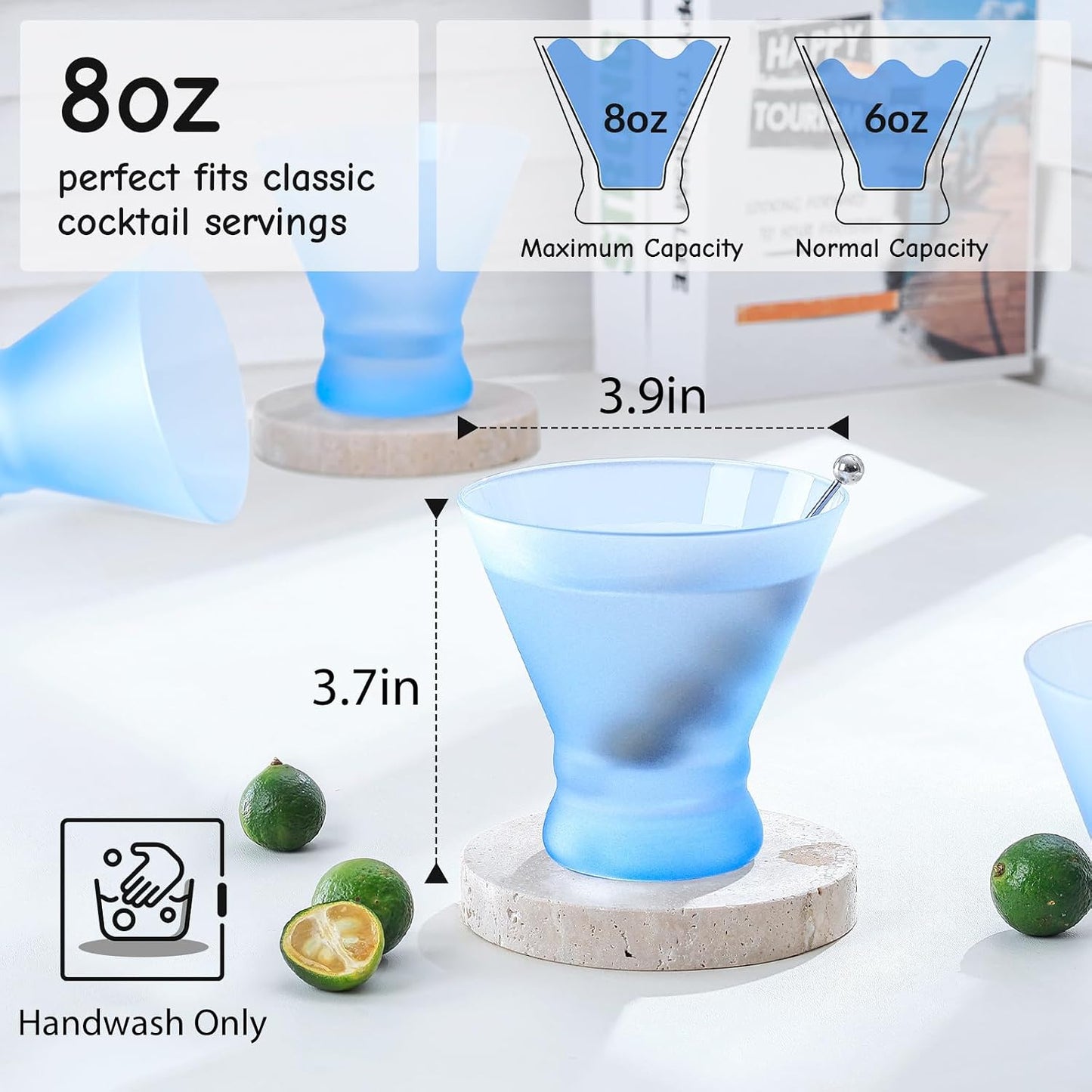 NUTRIUPS 8oz Blue Frosted Stemless Martini Glasses, Matte Finish Fingerprint-Resistant Glassware for Home Bar, Parties & Gifts, 4-Piece Set BST326H