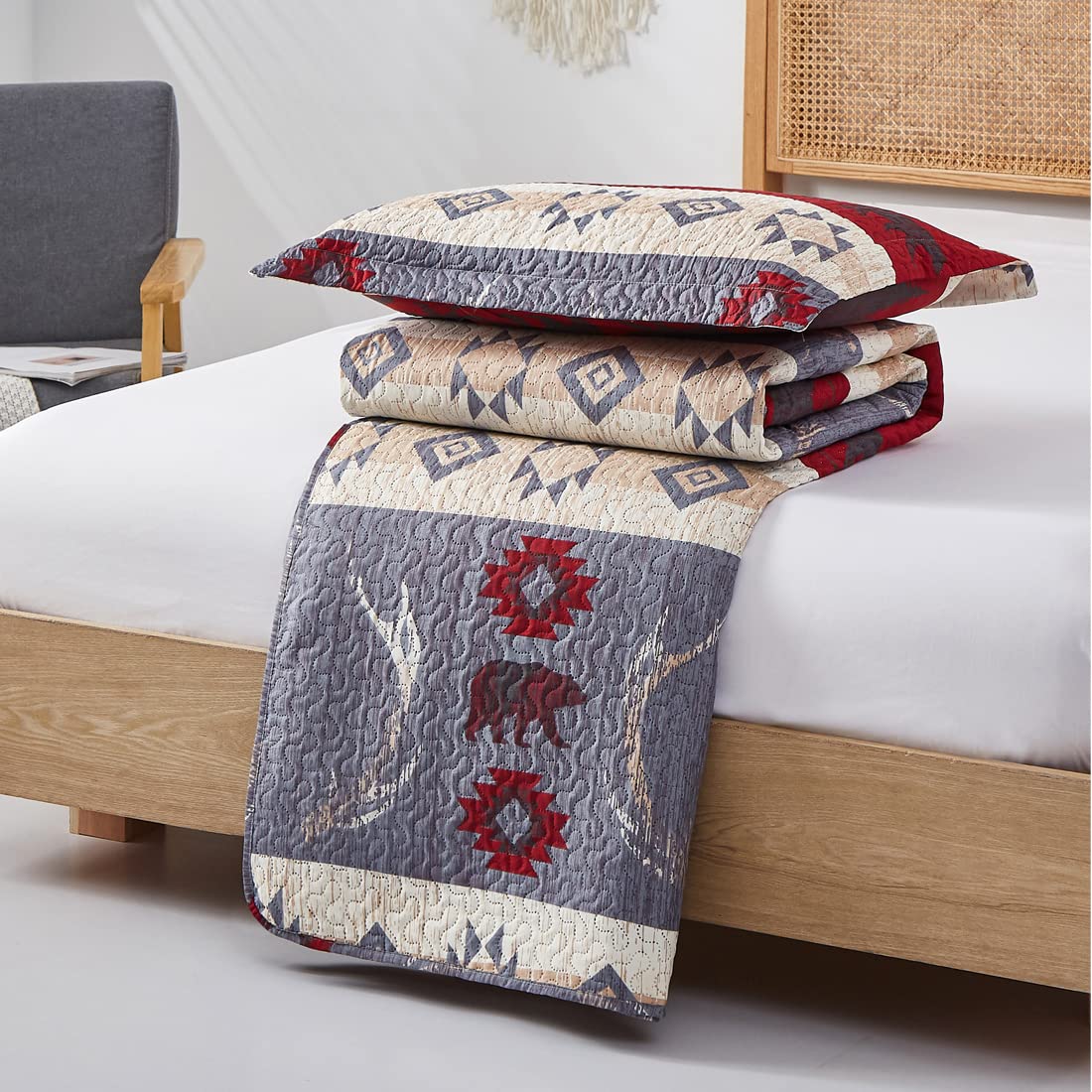 Rustic Moose Quilt Set King Size Lodge Quilt Lightweight Summer Cabin Bedspread Country Bedding Forest Bear Fish Pine Coverlet Daybed Cover Blanket Woodland Home Decor-Brown White BST220
