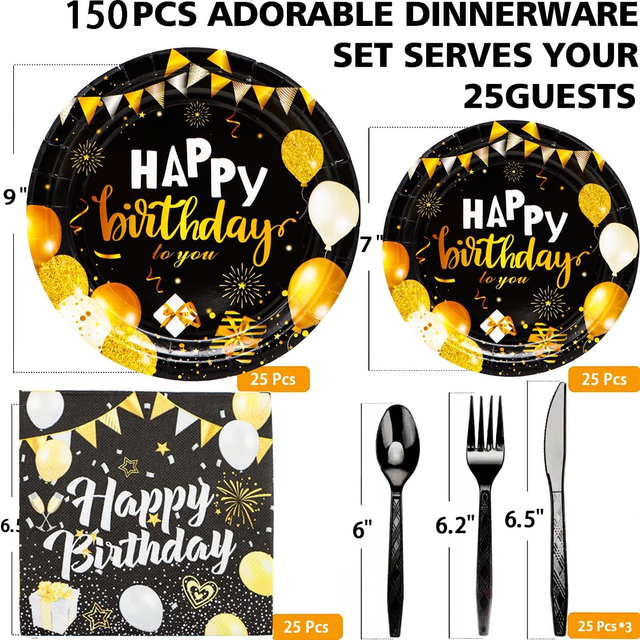 150Pcs Black & Gold Party Supplies - Happy Birthday Set with 9" & 7" Plates, Napkins, Knives, Forks, Spoons for 30th-80th Anniversary Decor BST326H