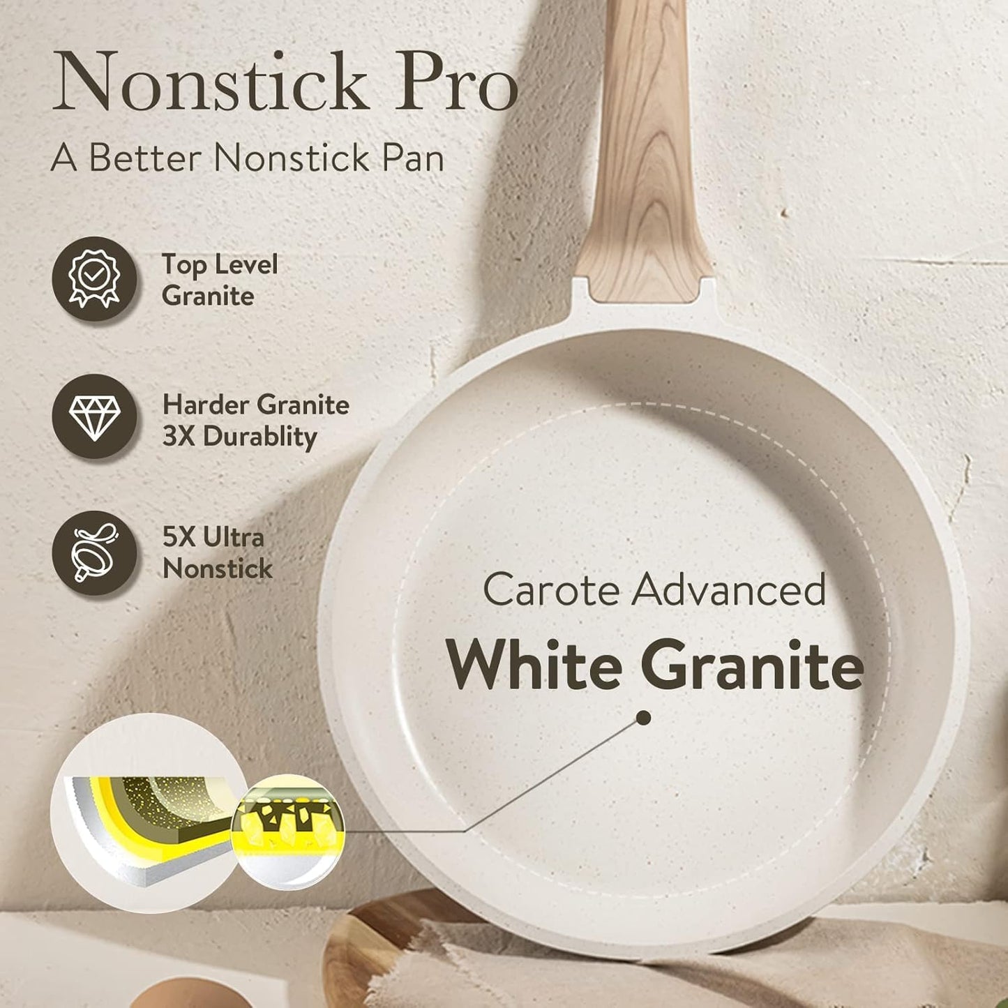 CAROTE Non Stick Frying Pan, 12 Inch Cream White Skillet with Glass Lid | Non Toxic Kitchen Healthy Cookware, Compatible with All Stovetop, Easy to Clean, PFOA Free BST202