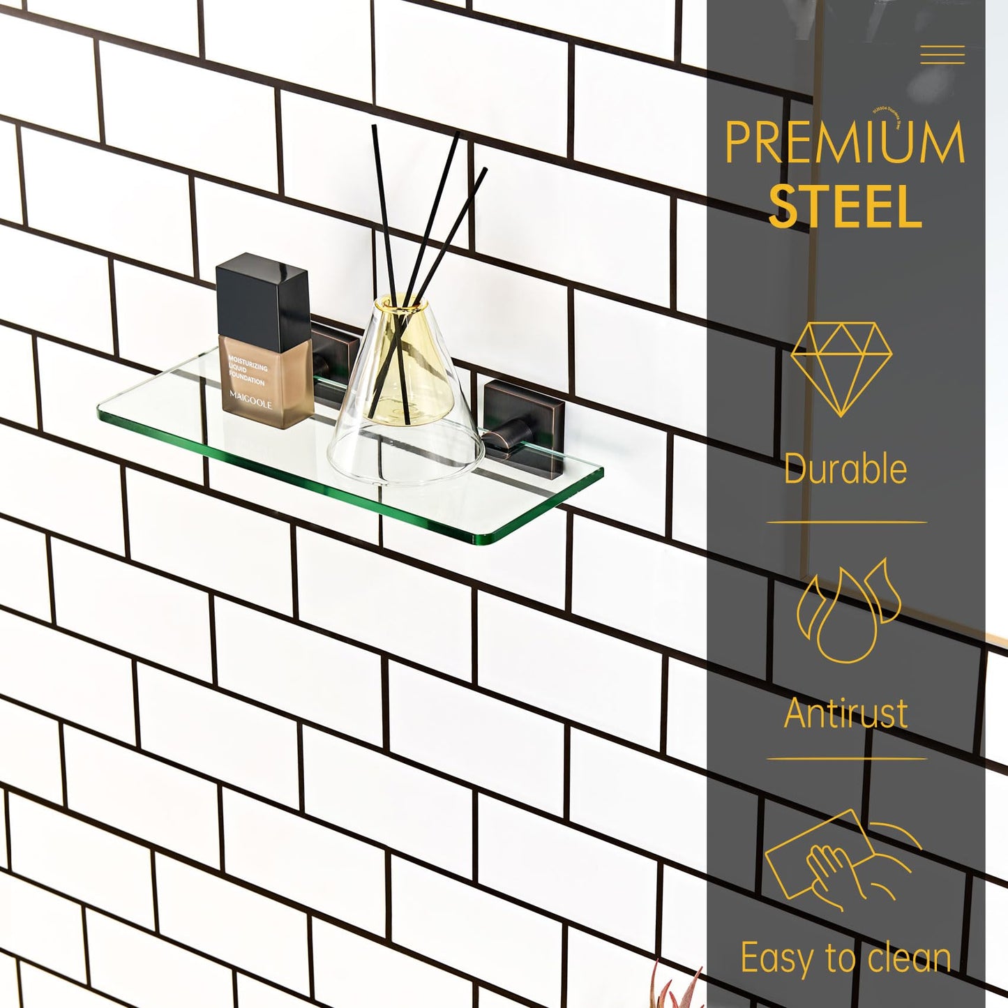 KOKOSIRI Glass Shelf for Bathrooms Floating Shelves Wall Mount 16-Inch for Shower Storage Kitchen Rack, 2 Pack Brushed Stainless Steel B1107BR-L16-P2 BST202