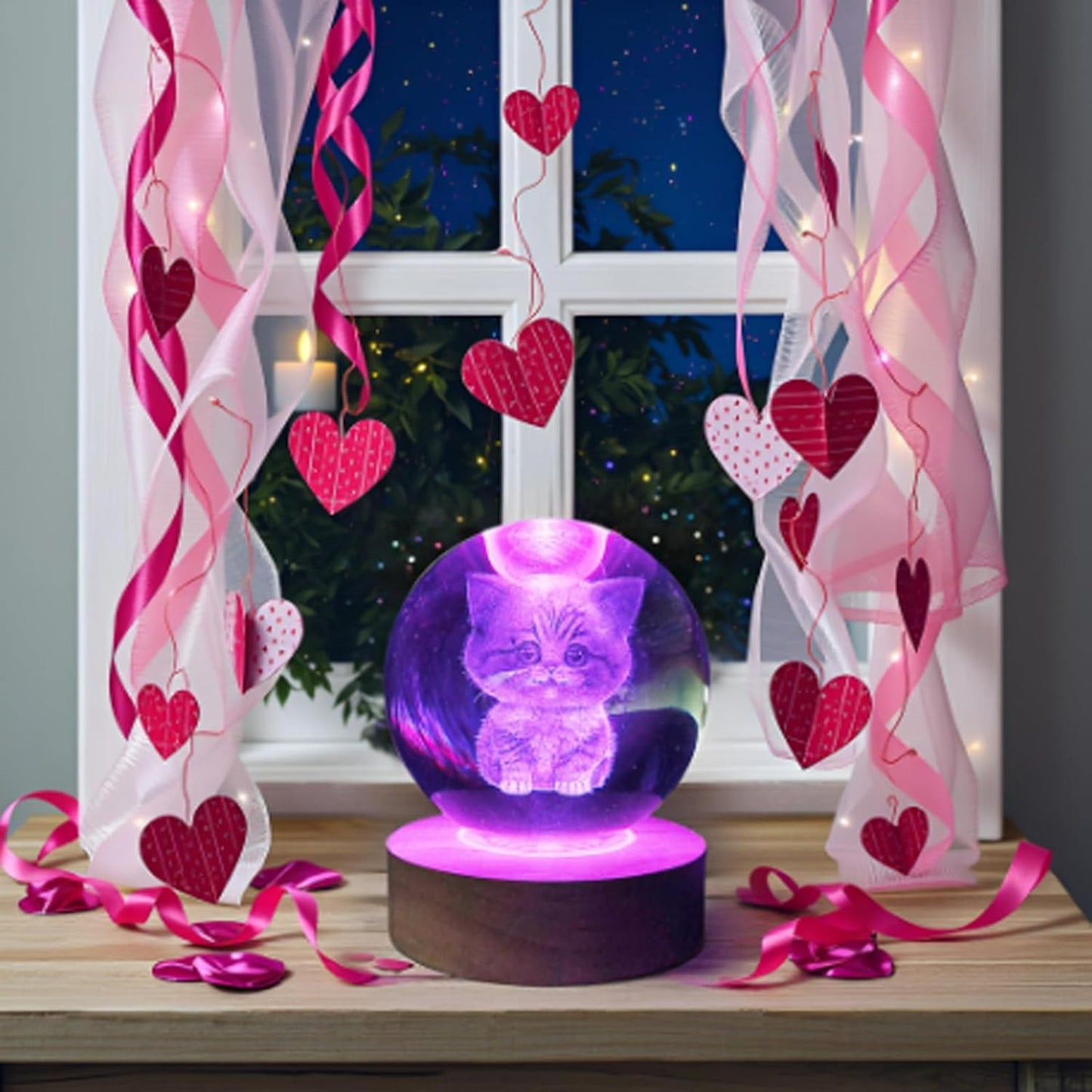 3D Kitten Crystal Ball 3.15" / LED Gradient Color Wooden USB Switch Base/Cat-Themed Couple Gift/Birthday,Christmas Gifts for Women WN420