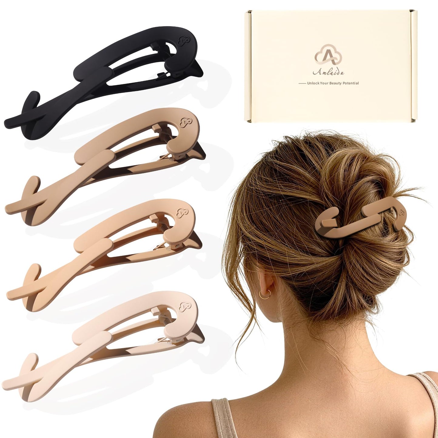 Large Twist Flat Hair Clips for Medium Thick Hair, Stylish Flat Claw Clips for Women, French Hairclips for Long Straight Curly Hair - White, Pink, Purple, Green, 4pcs WN420