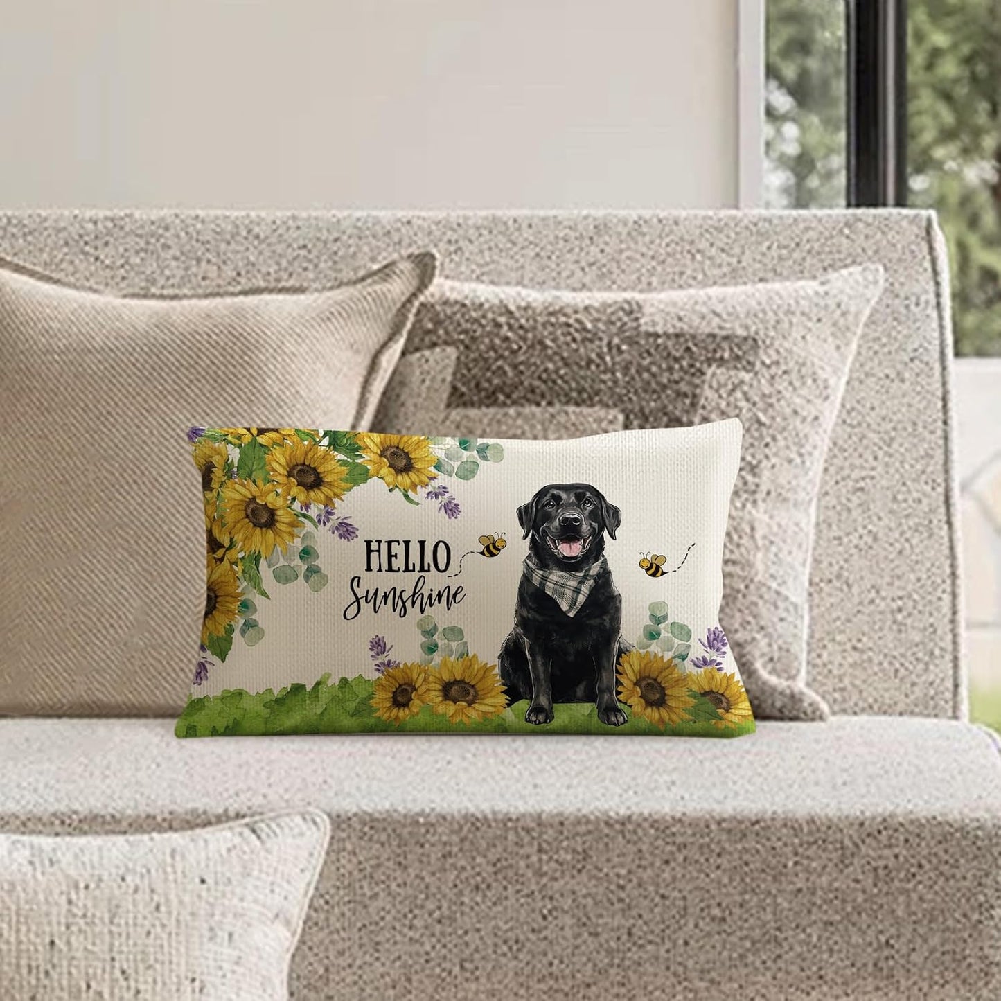 Sunflower Black Labrador Dog Lumbar Throw Pillow Cover 12x20 Inch Summer Cushion Case Decoration for Sofa Couch BST202