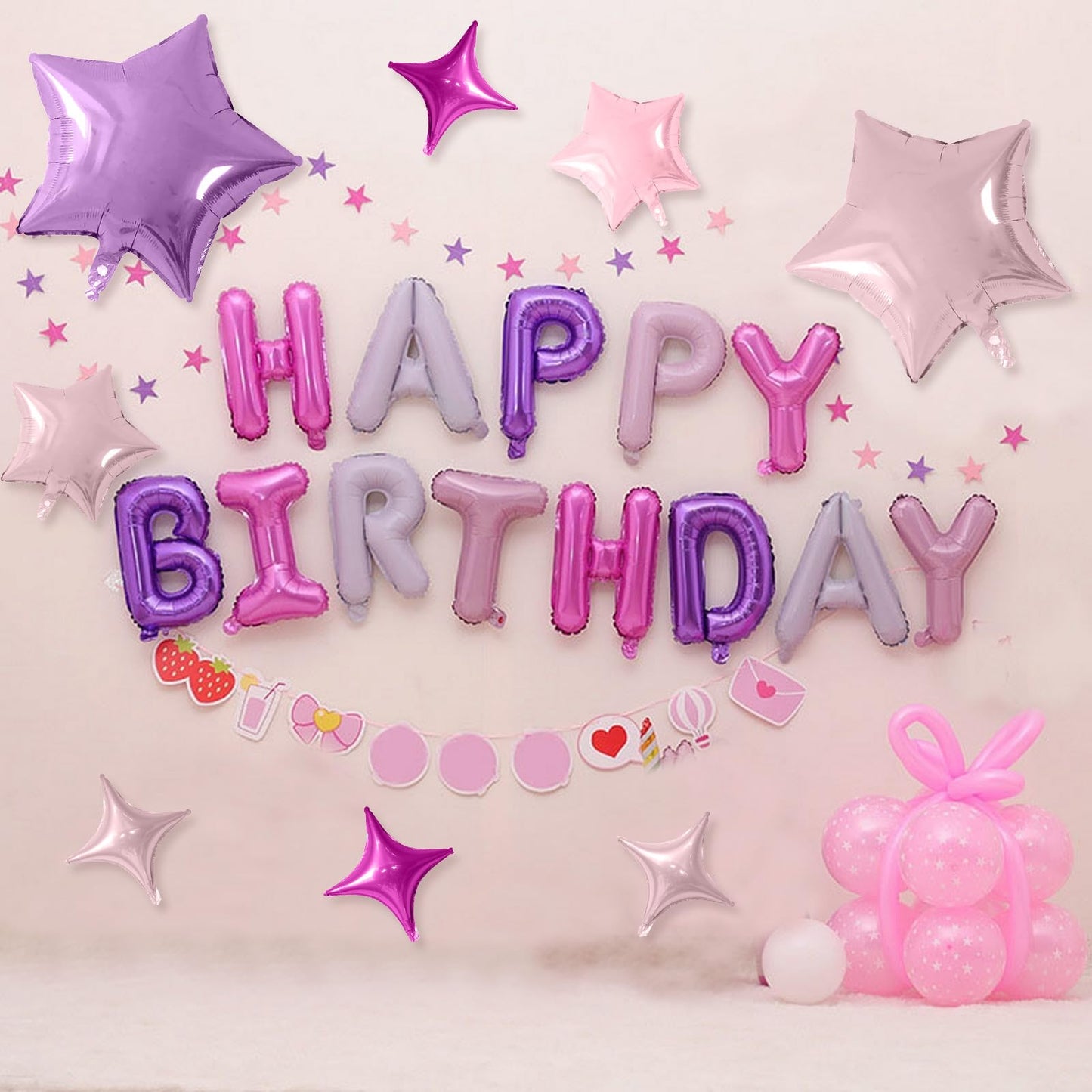 Happy Birthday Balloons Banner, Rainbow Happy Birthday Foil Balloons 16 Inch Foil Letter Balloon with 8 Pcs Gradient Blue Pink Star Balloon for Women Men Boys Girls Birthday Party Decoration WN420