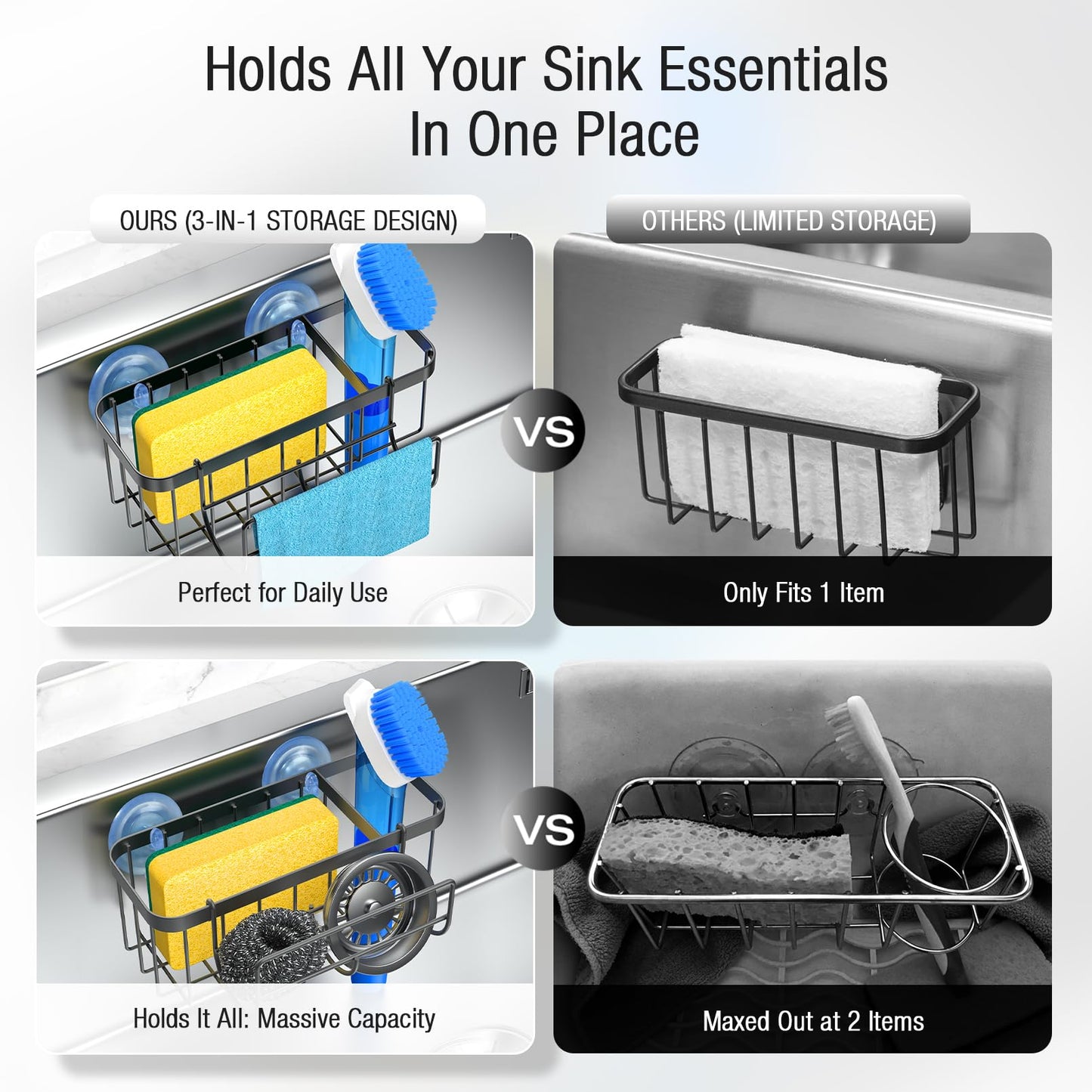 3-in-1 Kitchen Sink Caddy Organizer with Sponge Holder, Brush Holder, Extra Rack for Scrubber, Sink Stopper, Dish Cloth Hanger - Strong Dual Suction Cup, 2.0mm SUS304 Stainless Steel - Grey WN420