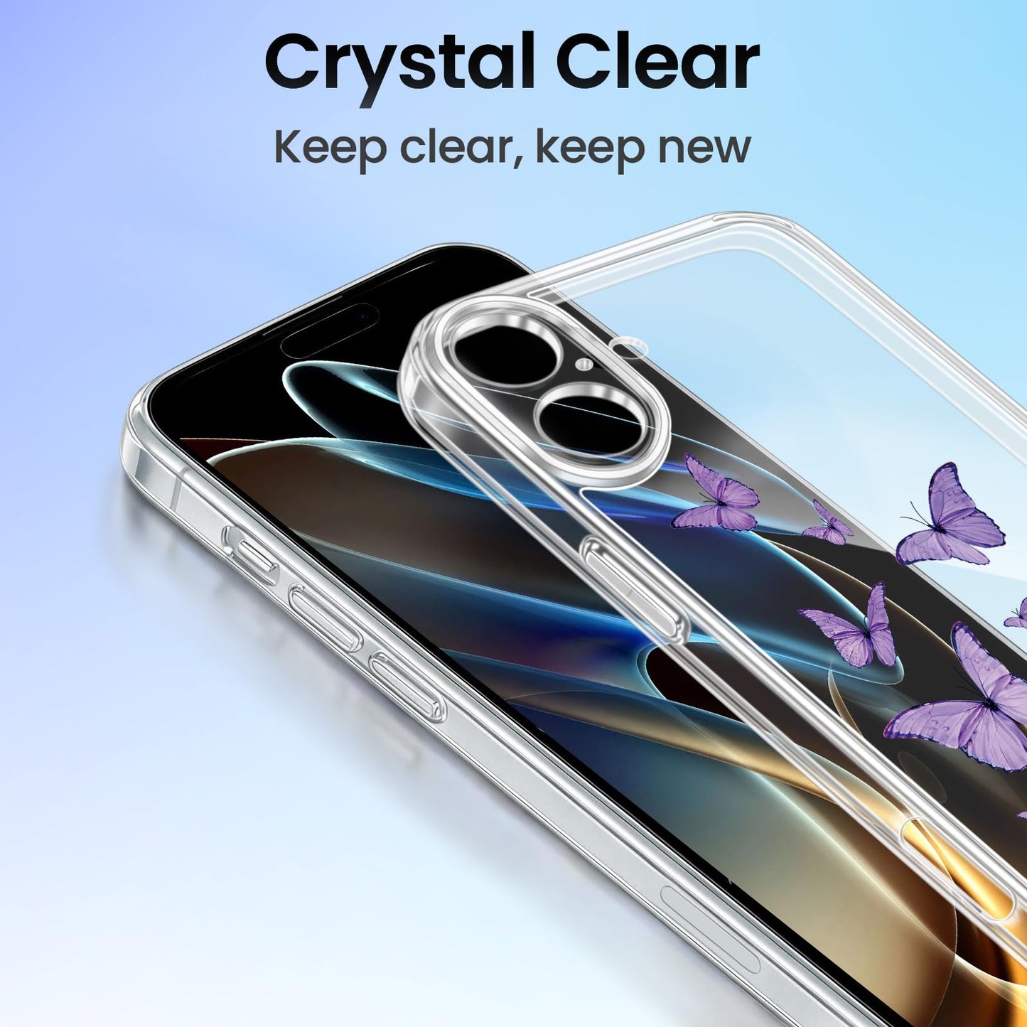 Cute Girly Crystal Clear Case Compatible with iPhone 16 Pro, Camera Control & Shockproof Protection Floral Case for Women, Blue Butterflies WN420