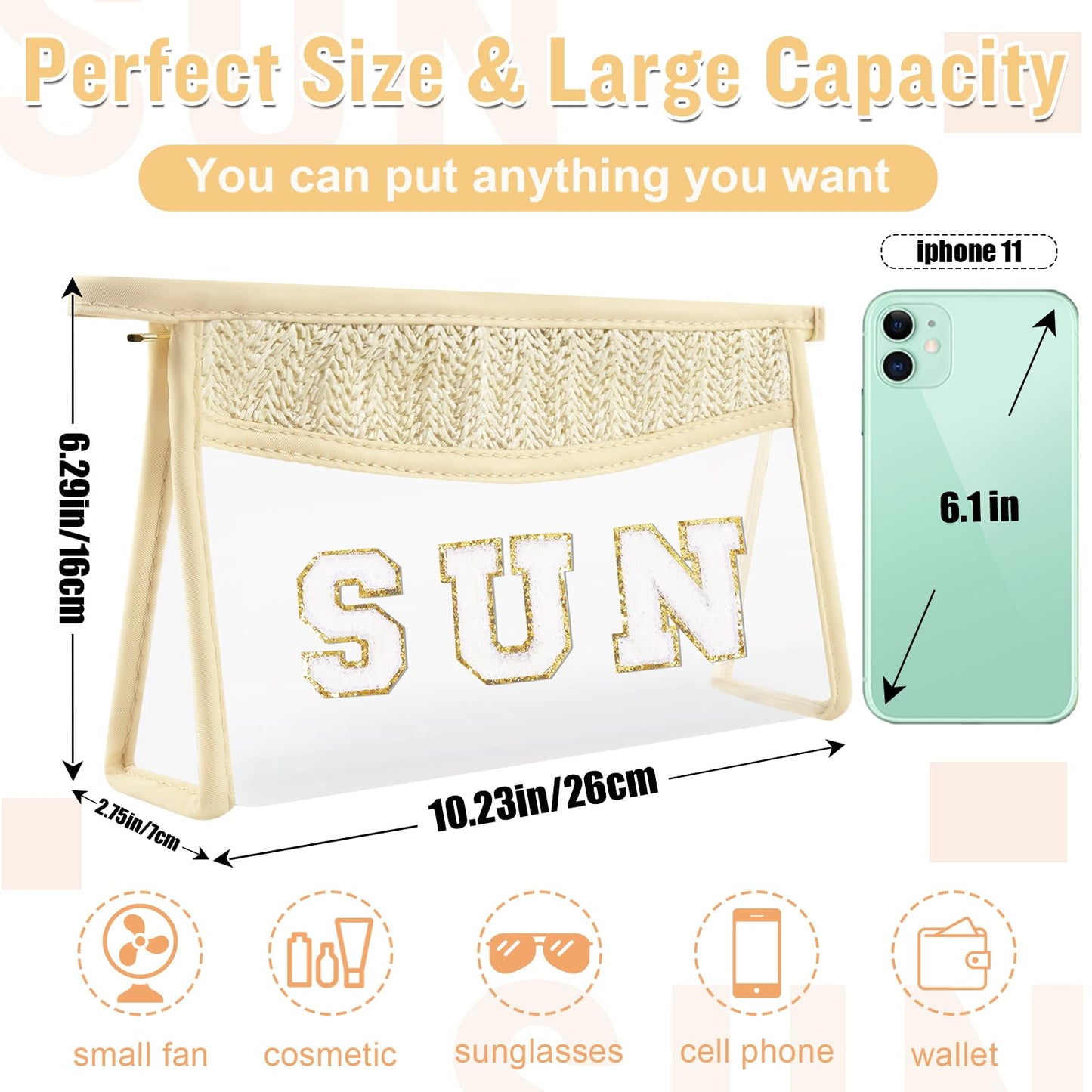 Boho Clear Makeup Bag Cosmetic Zipper Pouch Purse, Clear Toiletry Bags Travel Small Preppy Cute DIY Chenille Letter Bag, Transparent PVC Waterproof Clutch Make Up Organizer Storage Bag for Women Girls BST220