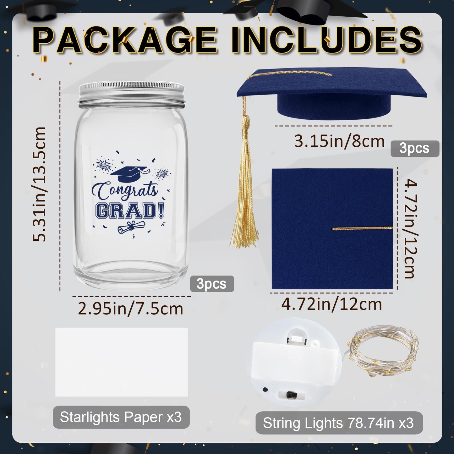 3 Sets 2026 Graduation Centerpieces for Tables, Glowing Mason Jar Centerpieces with Graduation Caps, Glowing Money Jars for College High School Congrats Grad Party Decor Supplies WN420