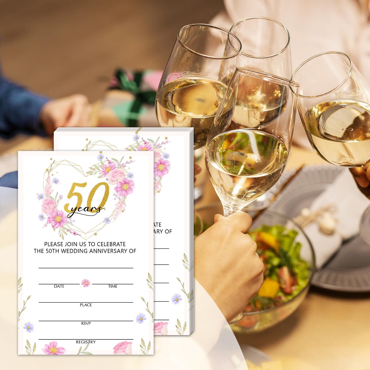50 Years Anniversary Bridal Shower Invitations Cards, Set of 25 Gold Foil Floral Fill in Style 50th Year Wedding Invites Cards with Envelopes for Couples Marriage Party Supplies-T05 WN420