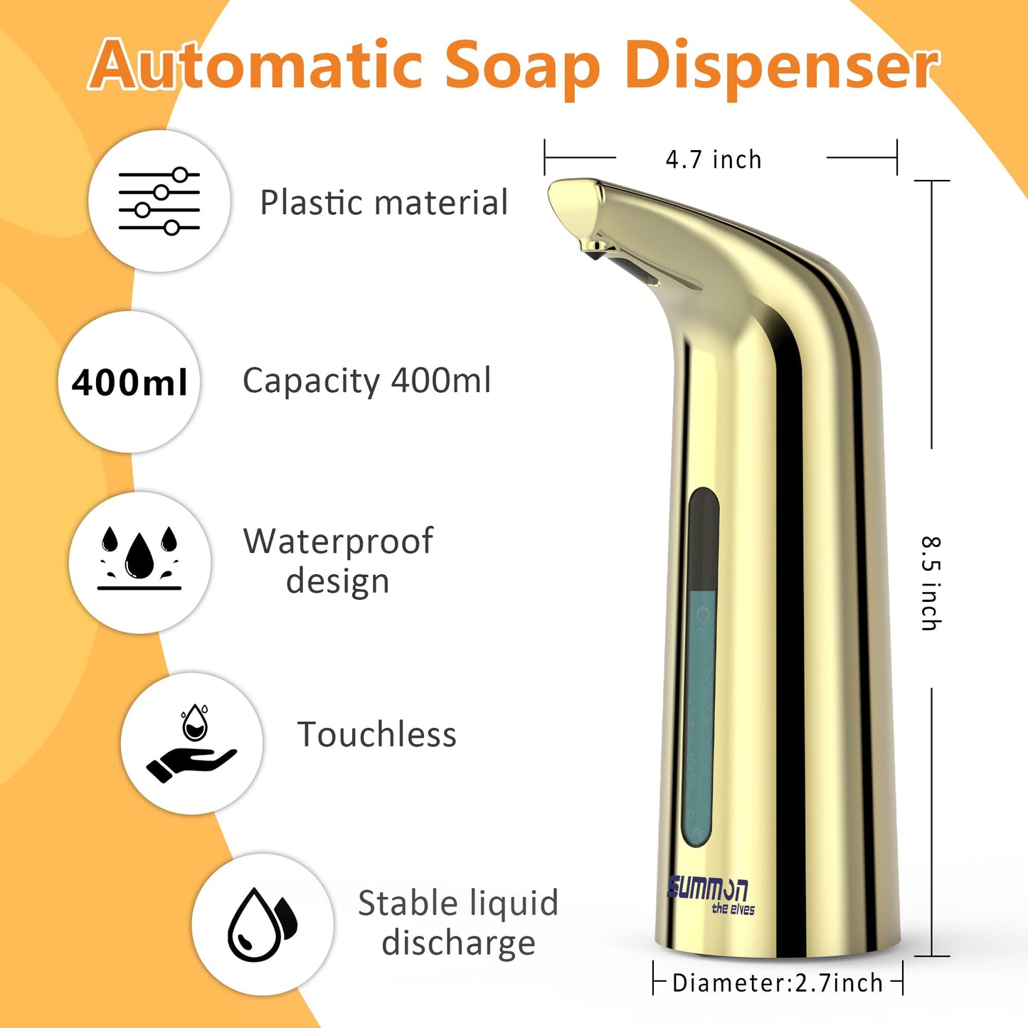 Automatic Soap Dispenser Touchless,400ML Hand & Dish Countertop Electric Liquid Dispenser with Sensor,Modern 4 Gear Adjustable Black Waterproof Battery Operated Kitchen Auto Soap Pump WN420