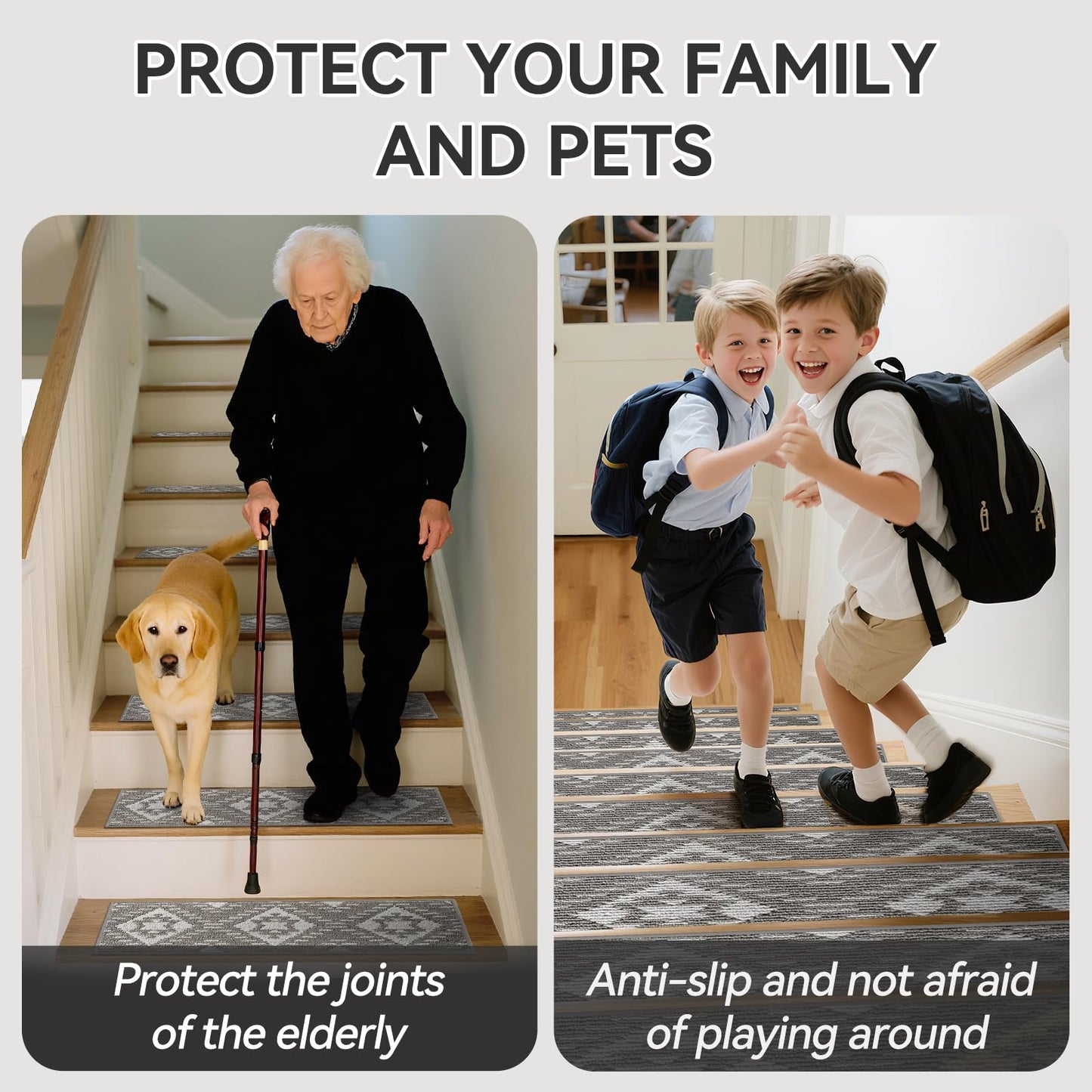 YDKGL Stair Treads Non Slip Indoor 4PCS, Rubber Backing Stair Runner Rugs for Wooden Steps, Residue Free Stair Carpet Treads for Kids Elders and Pets, Machine Washable Stair Mats, Gray, 8" x 30" WN420