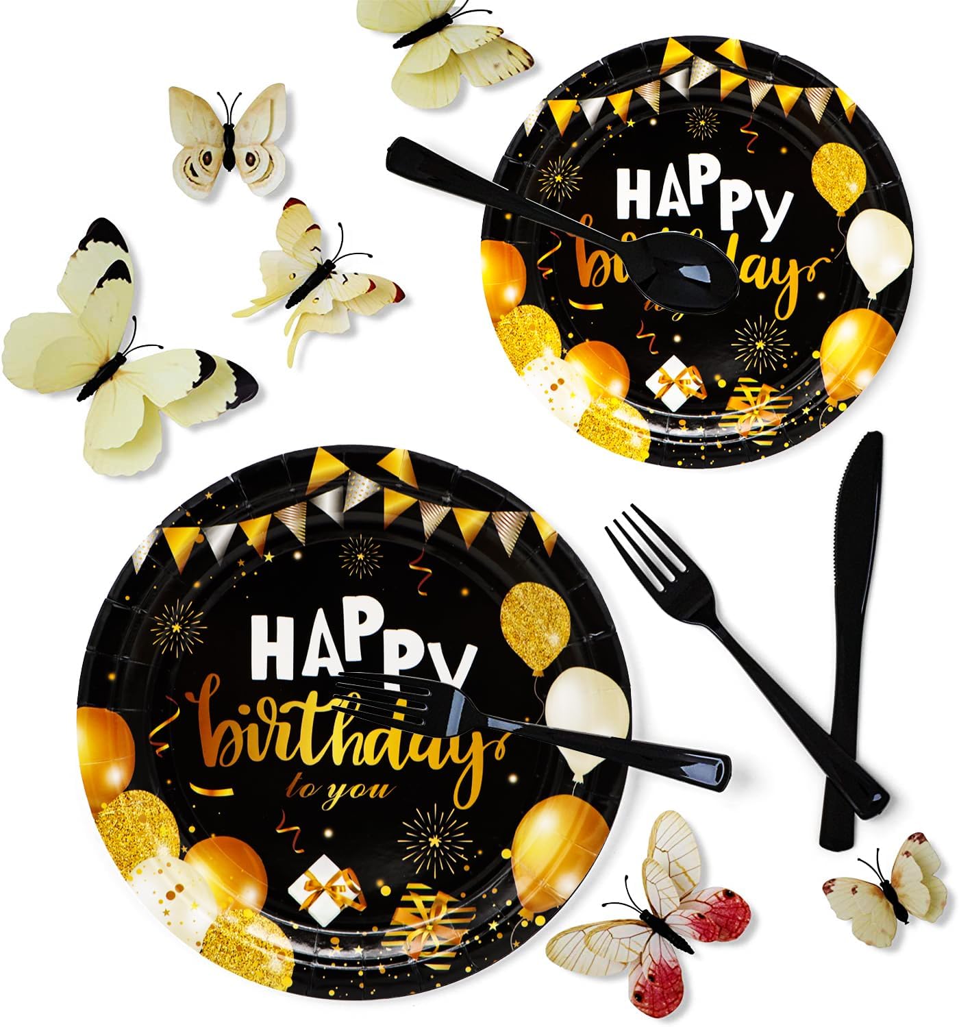 150Pcs Black & Gold Party Supplies - Happy Birthday Set with 9" & 7" Plates, Napkins, Knives, Forks, Spoons for 30th-80th Anniversary Decor BST326H