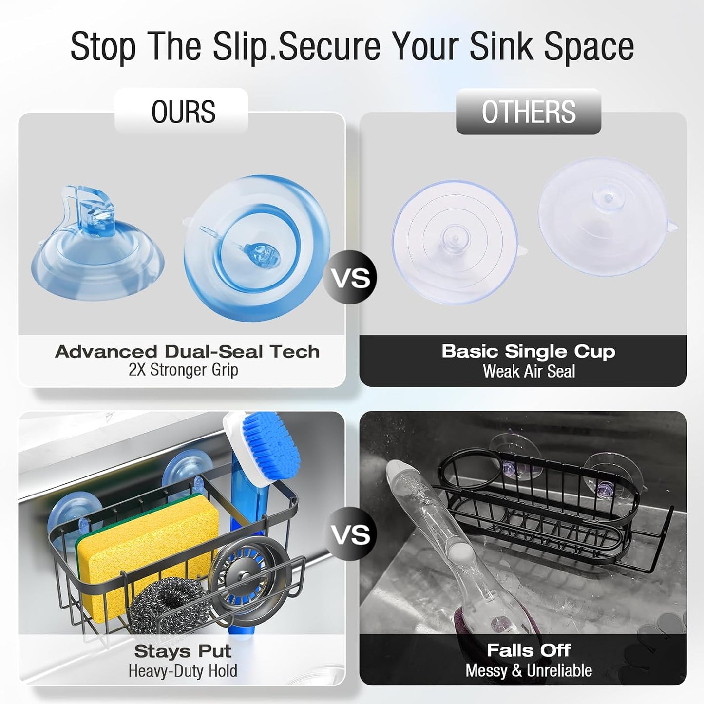 3-in-1 Kitchen Sink Caddy Organizer with Sponge Holder, Brush Holder, Extra Rack for Scrubber, Sink Stopper, Dish Cloth Hanger - Strong Dual Suction Cup, 2.0mm SUS304 Stainless Steel - Grey WN420