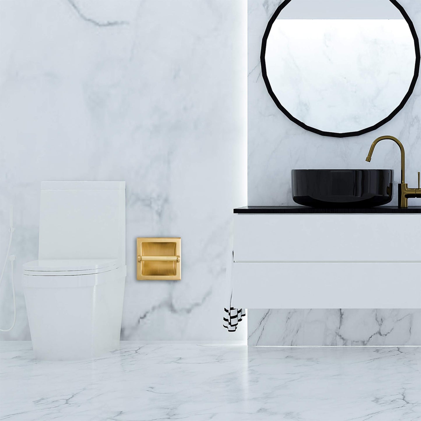 SENTO Recessed Gold Toilet Paper Holder, Wall Mounted Heavy Duty Metal Toilet Paper Roll Holder with Rear Mounting Bracket, in Wall, Easy Installation, Satin Brass BST220