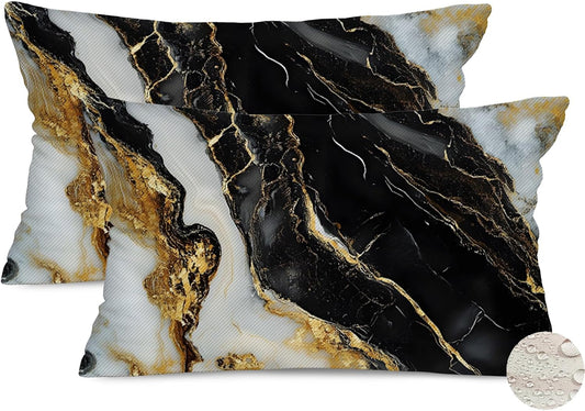 Fukeen Waterproof Marble Gold and Black Pillow Cover 12x20 Inch Set of 2 Throw Pillow Covers Farmhouse Outdoor Patio Garden Decorative Pillow Cushion Case Abstract Art Modern Home Decor BST326H