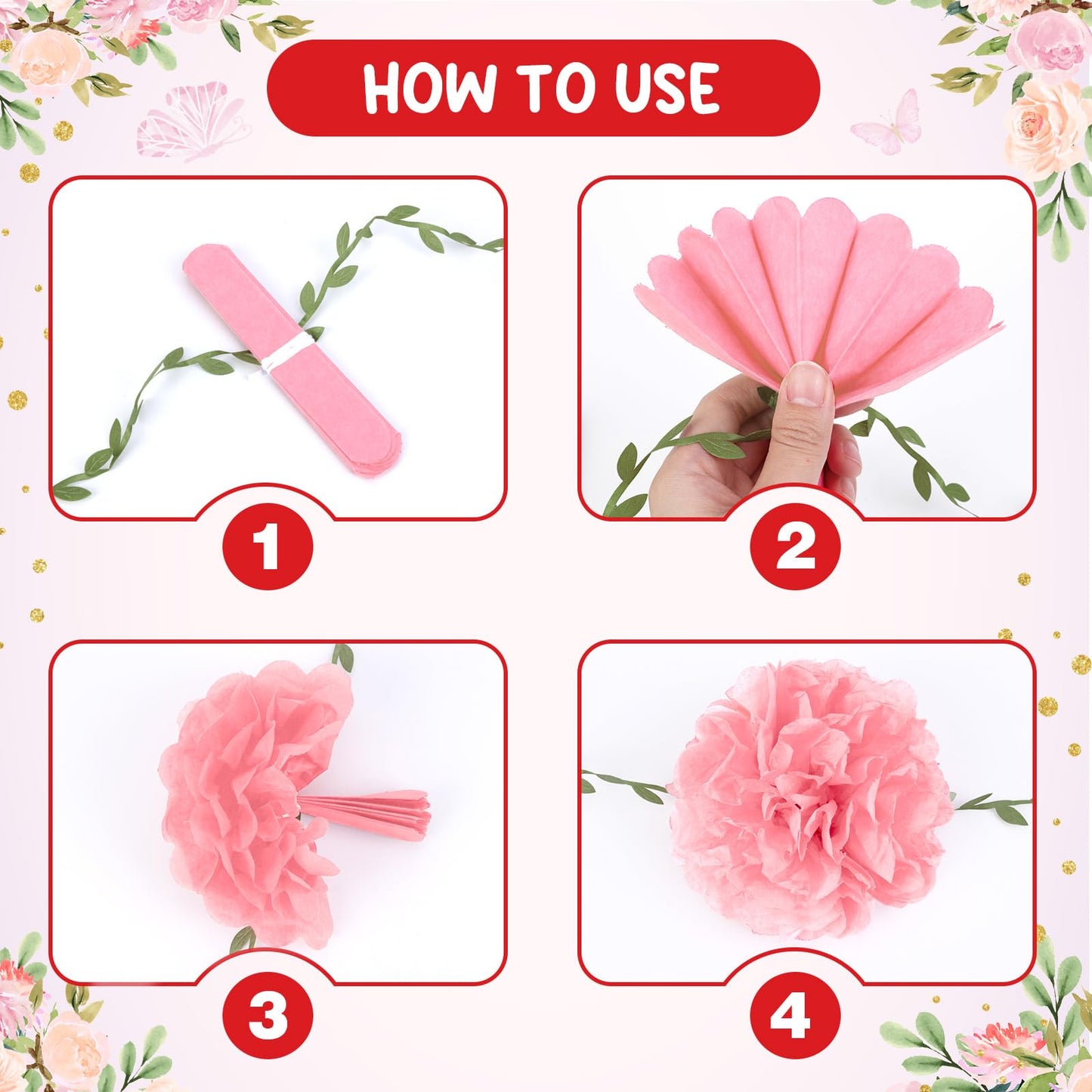 kreat4joy 4pack Pink Purple Tissue Paper Pom Poms Flowers Garland Leaf Ribbon 98.42inches Pre-Strung Reusable Ceiling for Birthday Baby Shower Wedding Bridal Shower Home Event Wall Party Decoration BST220