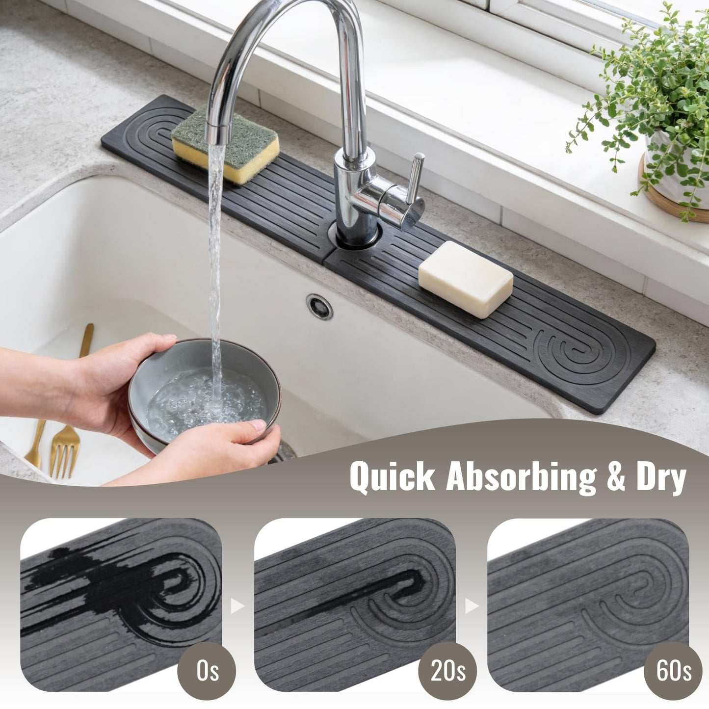 Hopegiver Stone Faucet Mat for Kitchen Sink - Fast Drying Diatomite Sink Protector Prevent Moisture, Super Water Absorbing Stone Tray for Kitchen & Bathroom Counter (White, 15.7"x3.9") BST326H