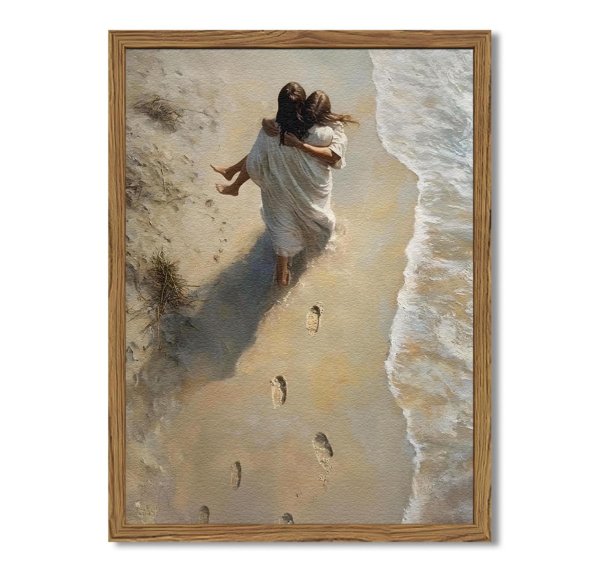 Framed 3D Textured Jesus Embracing Woman Wall Art, Jesus Hugging Woman Wall Decor Hand Drawn Sandstone Religious Christian Bible Painting Pictures for Bedroom Living Prayer Room 12x16 in Wood Framed BST202