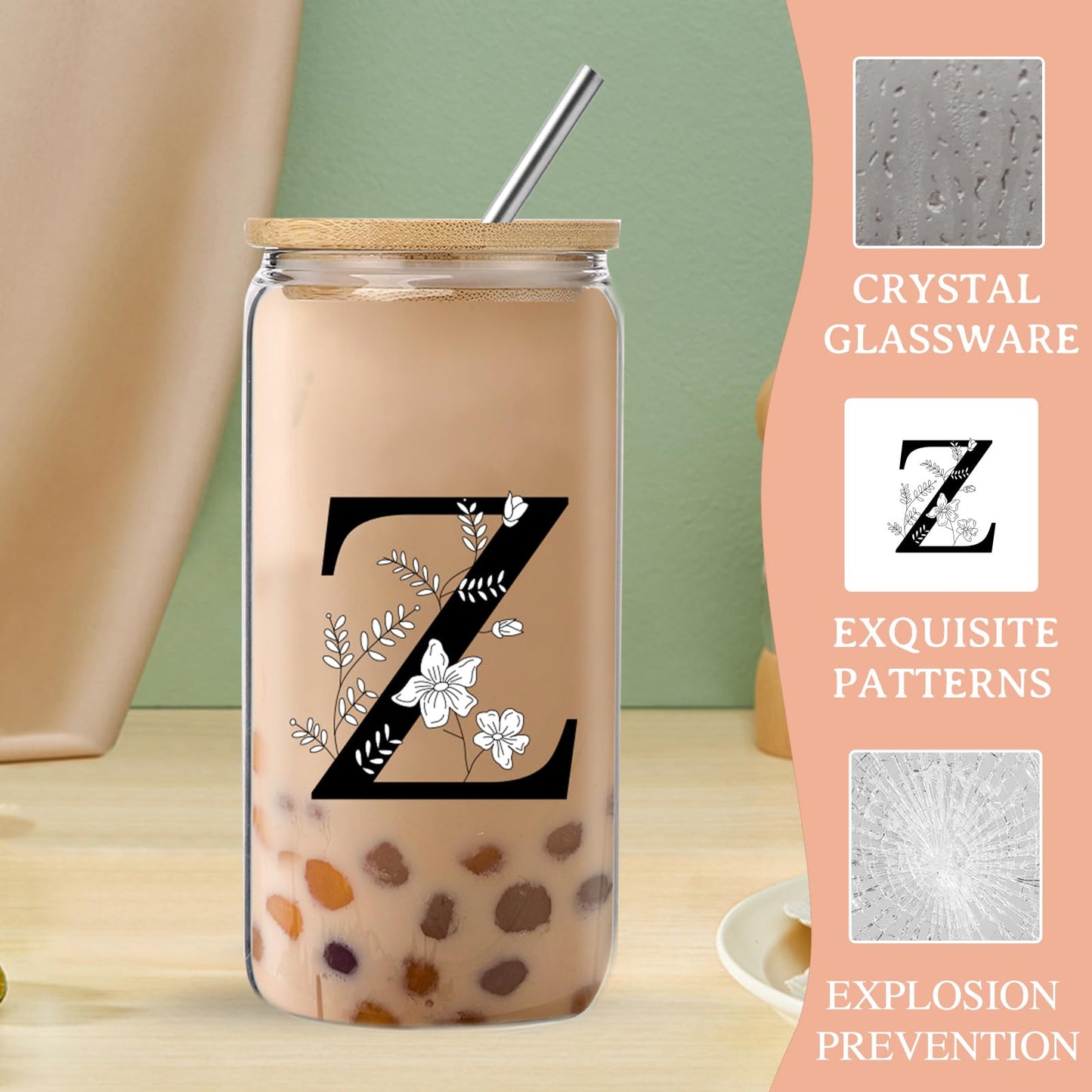 Monogrammed Initial Glass Cup with Lids and Straws gift for Women | Personalized Gift Set with Doll, 16 Oz Ice Coffee Cup ,reusable glass tumbler,Birthday Christmas Gift for Her,U WN420