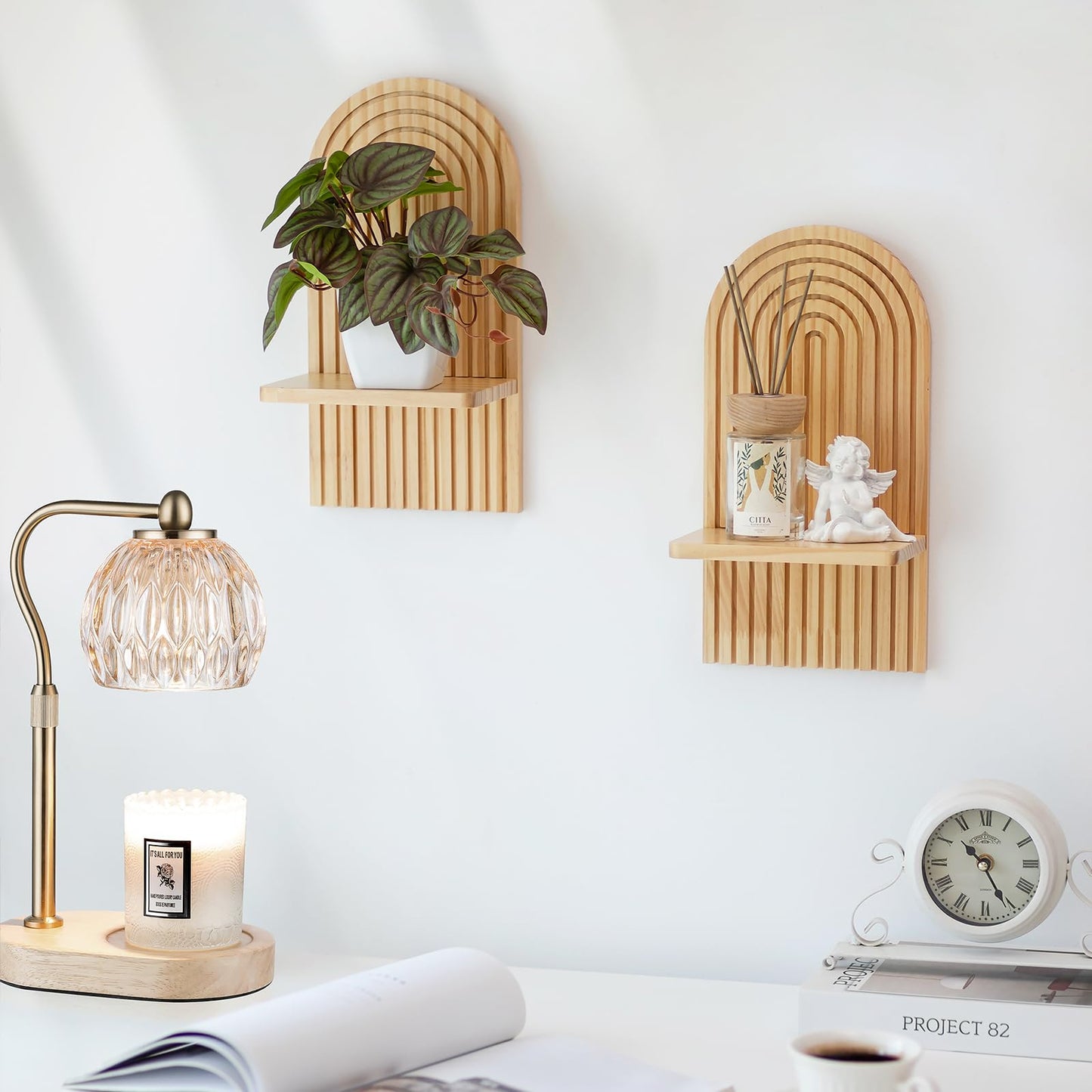 Boho Wall Candle Holder Decor: Mid Century Candle Sconces Set of 2 for Plants Pillar Candles - White Wood Modern Minimalist Arch Candle Shelf Bohemian Art Decor Beside Fireplace TV BST220