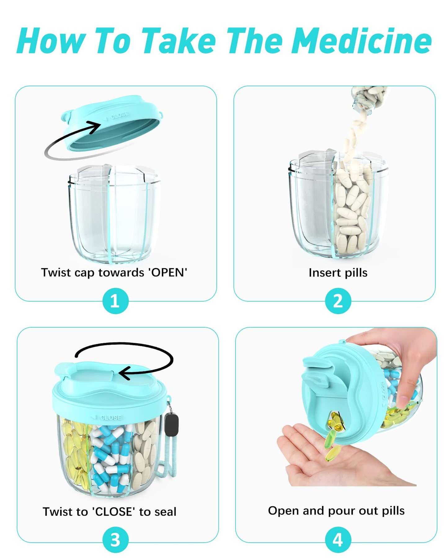 Cute Pill Organizer,Pill Dispenser with 7 Large Compartments,Portable Pill Bottle Box with Wide Opening for Easy Use, Anti-Mix Pills Organizer for Travel,Includes 20 Pcs Sticky Labels(Black) WN420