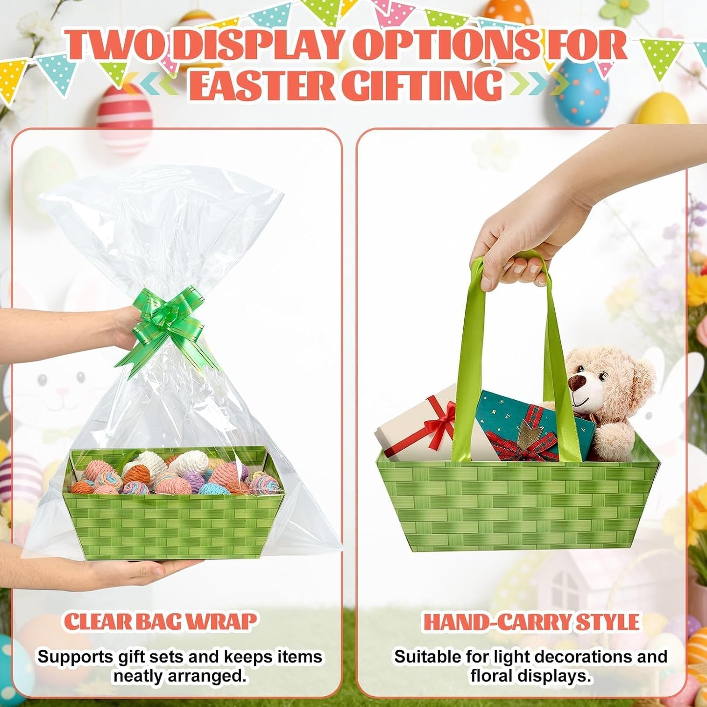 APUDWN 12 Pack Gift Baskets with Handles, Pastel Paper Baskets with Cellophane Bags and Pull Bows, Colorful Gift Containers for Candy Snacks Party Favors Classroom Supplies 9.8 x 7.9 x 3.5 Inch BST220