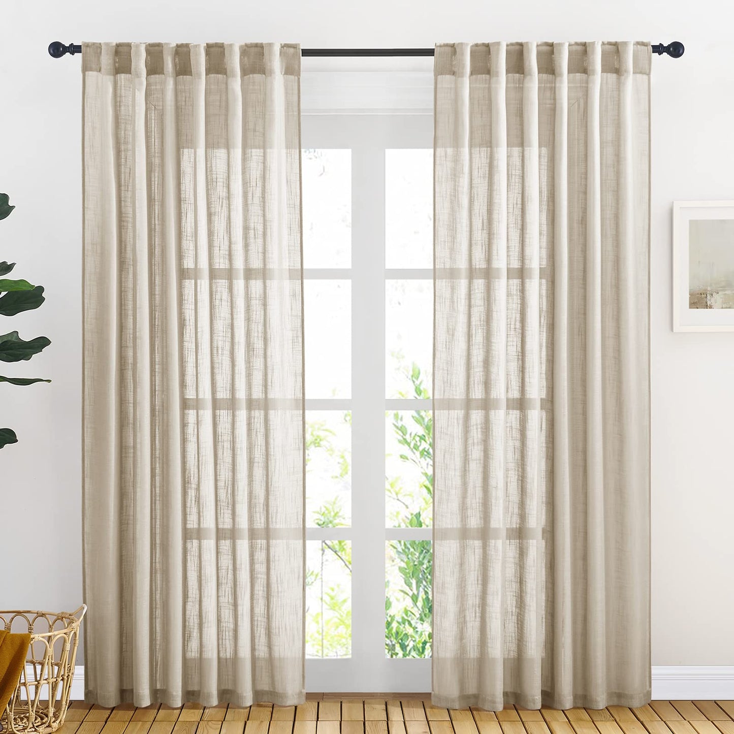 NICETOWN White Semi Sheer Kitchen Curtains 30 inch Length, Rod Pocket & Back Tab Faux Linen Blend Privacy with Light Filtering Window Drapes for Cafe, W34 x L30, 2 Panels BST220