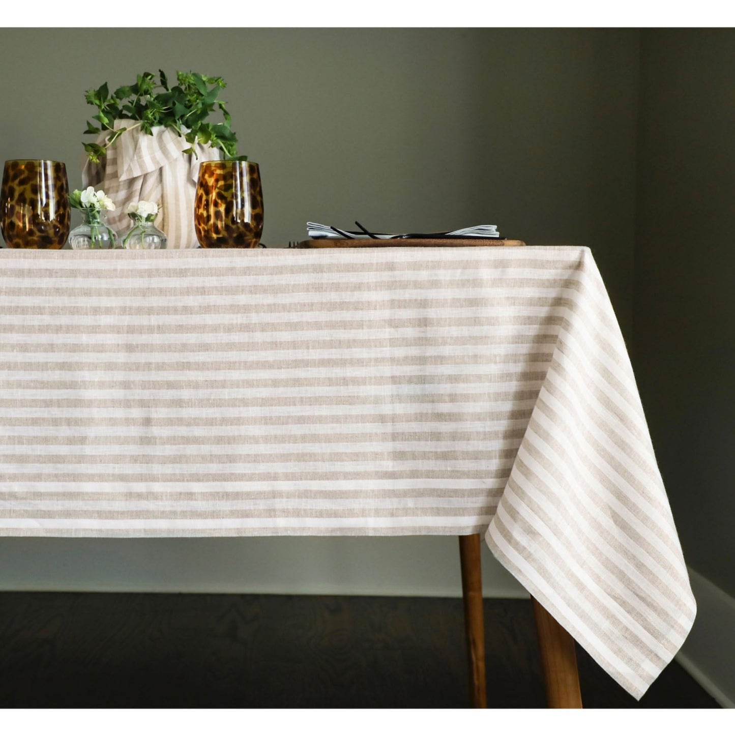 Solino Home 100% Linen Table Cloth, Throw, 52 x 52 in, Coral, Amalfi Stripe | Striped Linen Tablecloth a neat topper for bistro, card and side tables | Coral and White | Pure Linen | OEKO-TEX Certified BST326SOLH