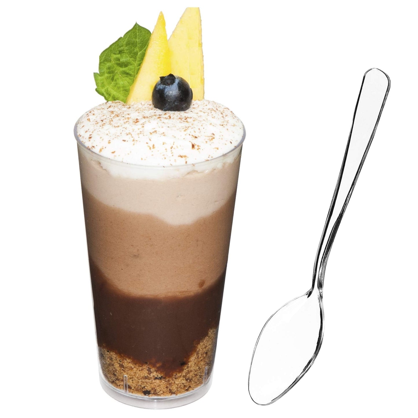 DLux 100 x 3 oz Mini Dessert Cups with Spoons, Shooter - Clear Plastic Parfait Appetizer Cup - Small Reusable Shooter Glass for Tasting Party Shooters Desserts Appetizers - With Recipe Ebook BST220
